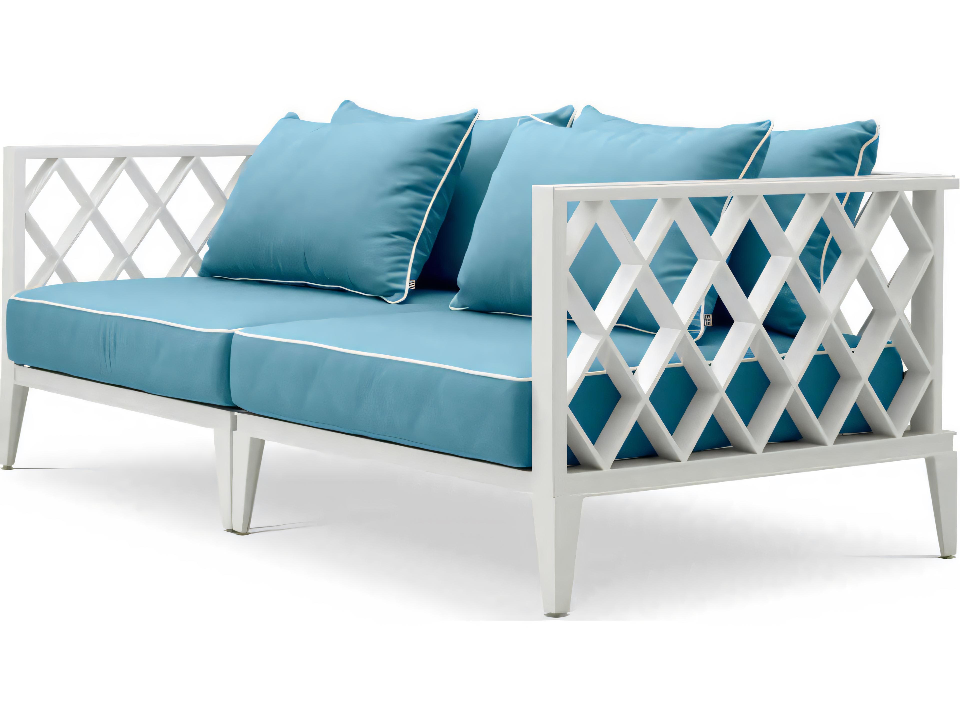 Eichholtz Outdoor White Finish Sunbrella Mineral Blue Sofa