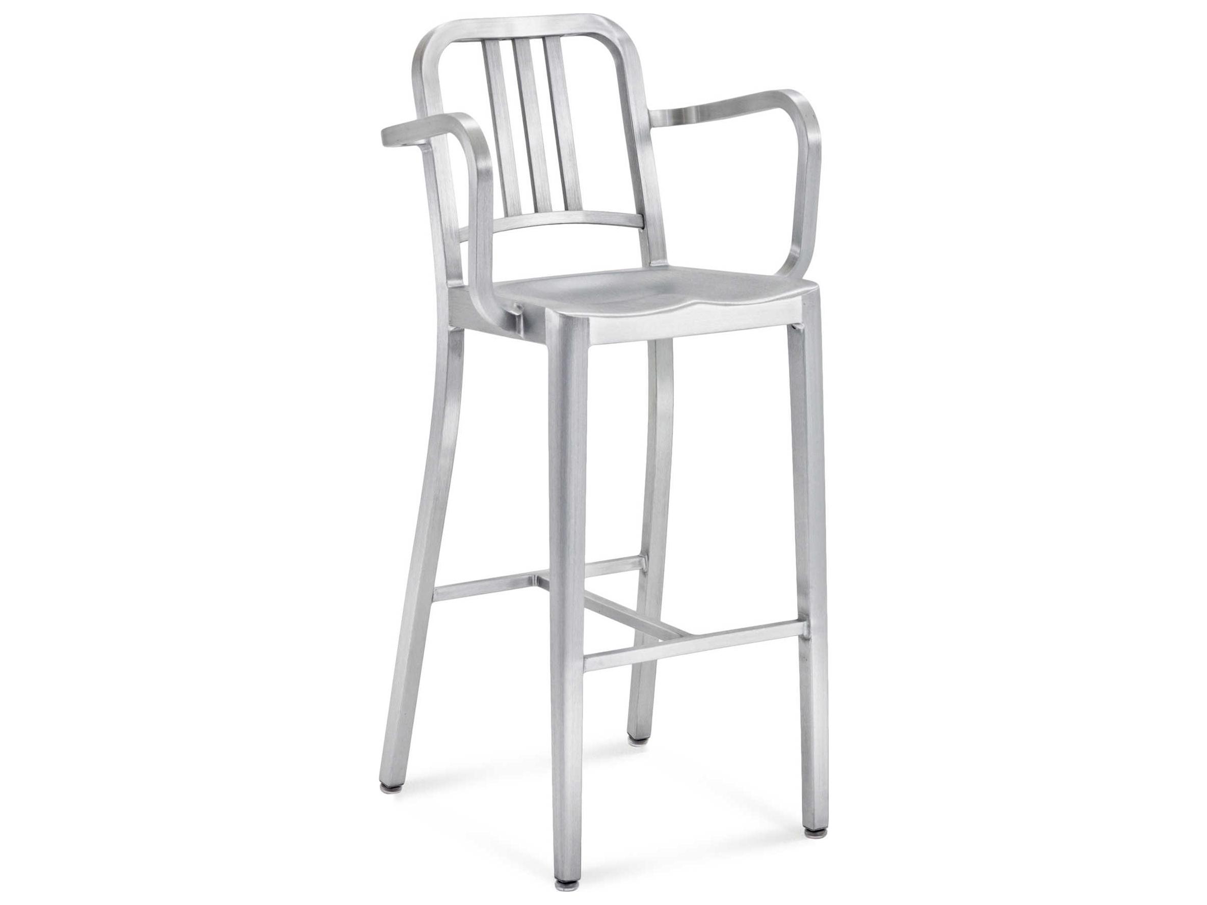 Emeco Outdoor Navy Brushed Aluminum Bar Stool with Arms
