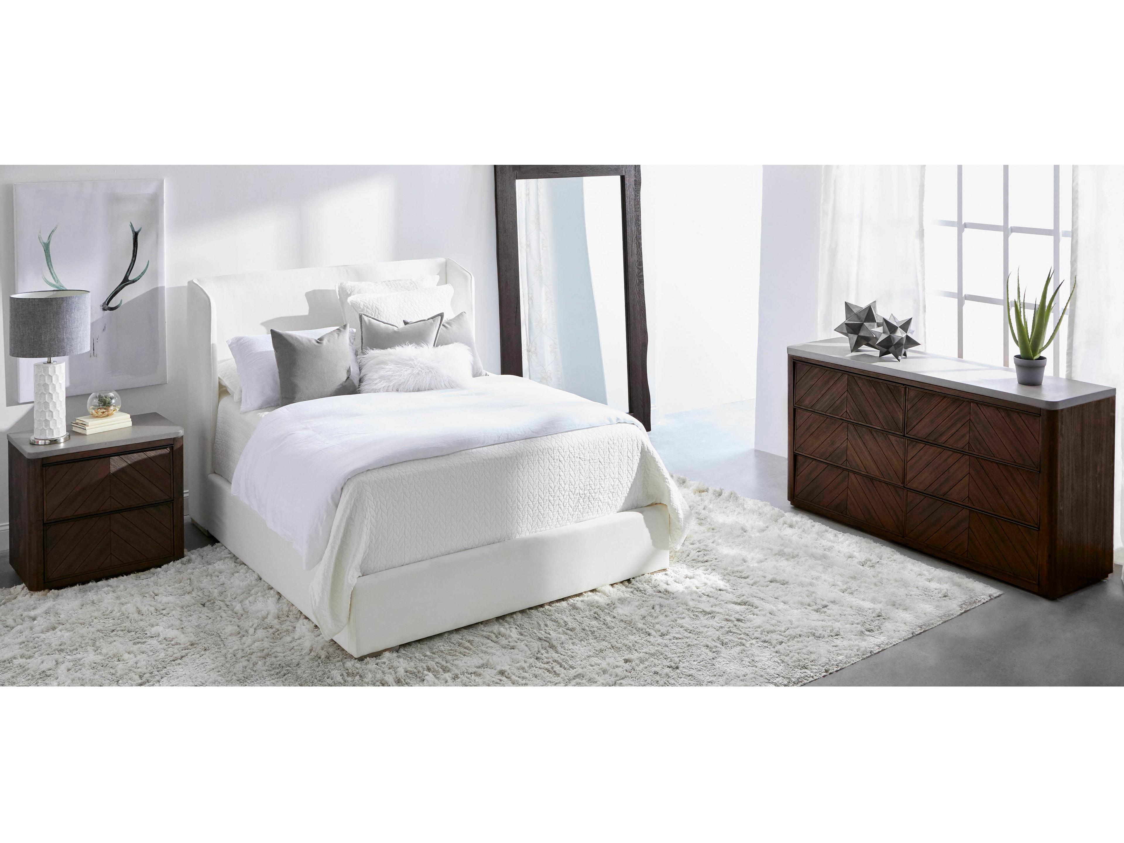 Essentials for Living Villa Stewart White Oak Wood Upholstered Queen Platform Bed