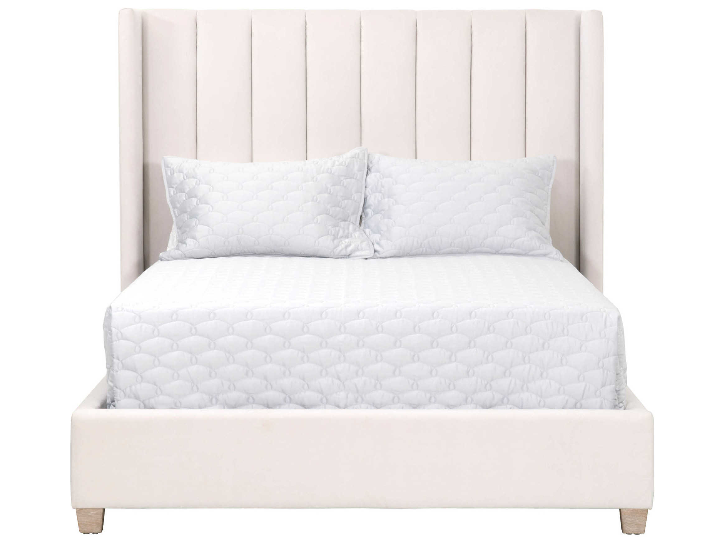 Essentials for Living Villa Chandler Cream Velvet Natural Gray White Oak Wood Upholstered Queen Platform Bed