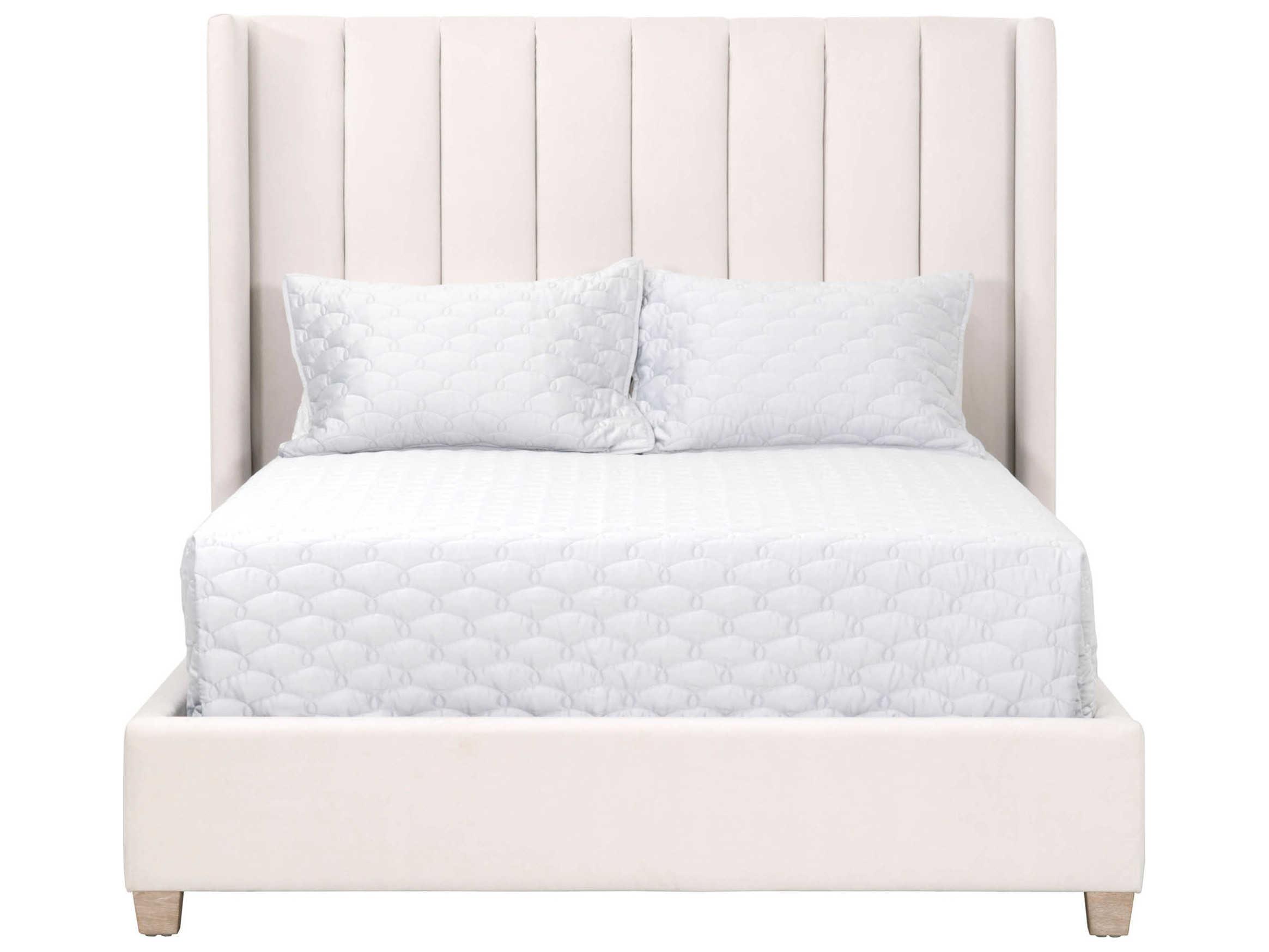 Essentials for Living Villa Chandler Cream Velvet Natural Gray White Oak Wood Upholstered King Platform Bed