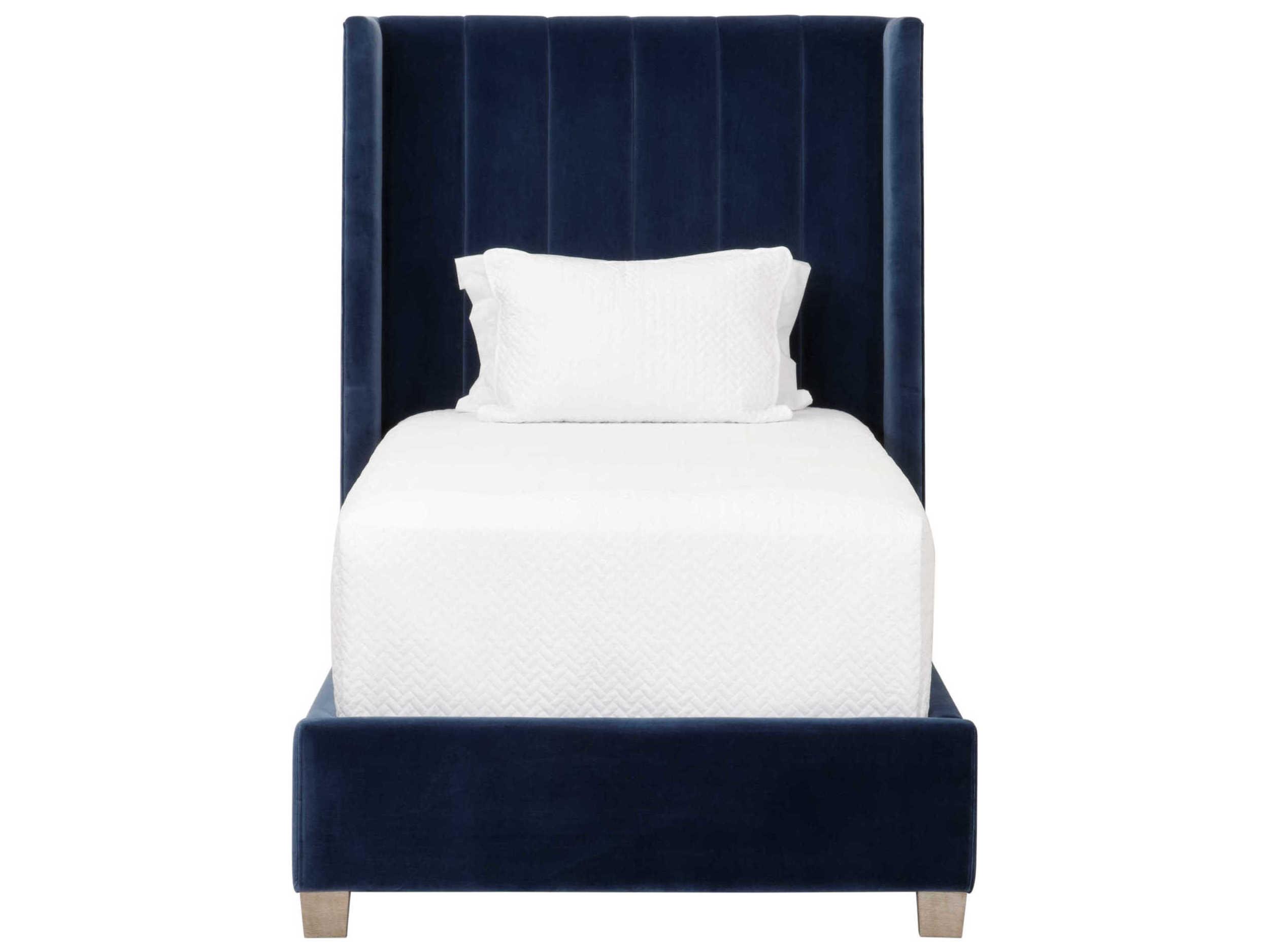 Essentials for Living Stitch & Hand Chandler Denim Velvet Natural Gray Oak Blue Wood Upholstered Twin Panel Bed