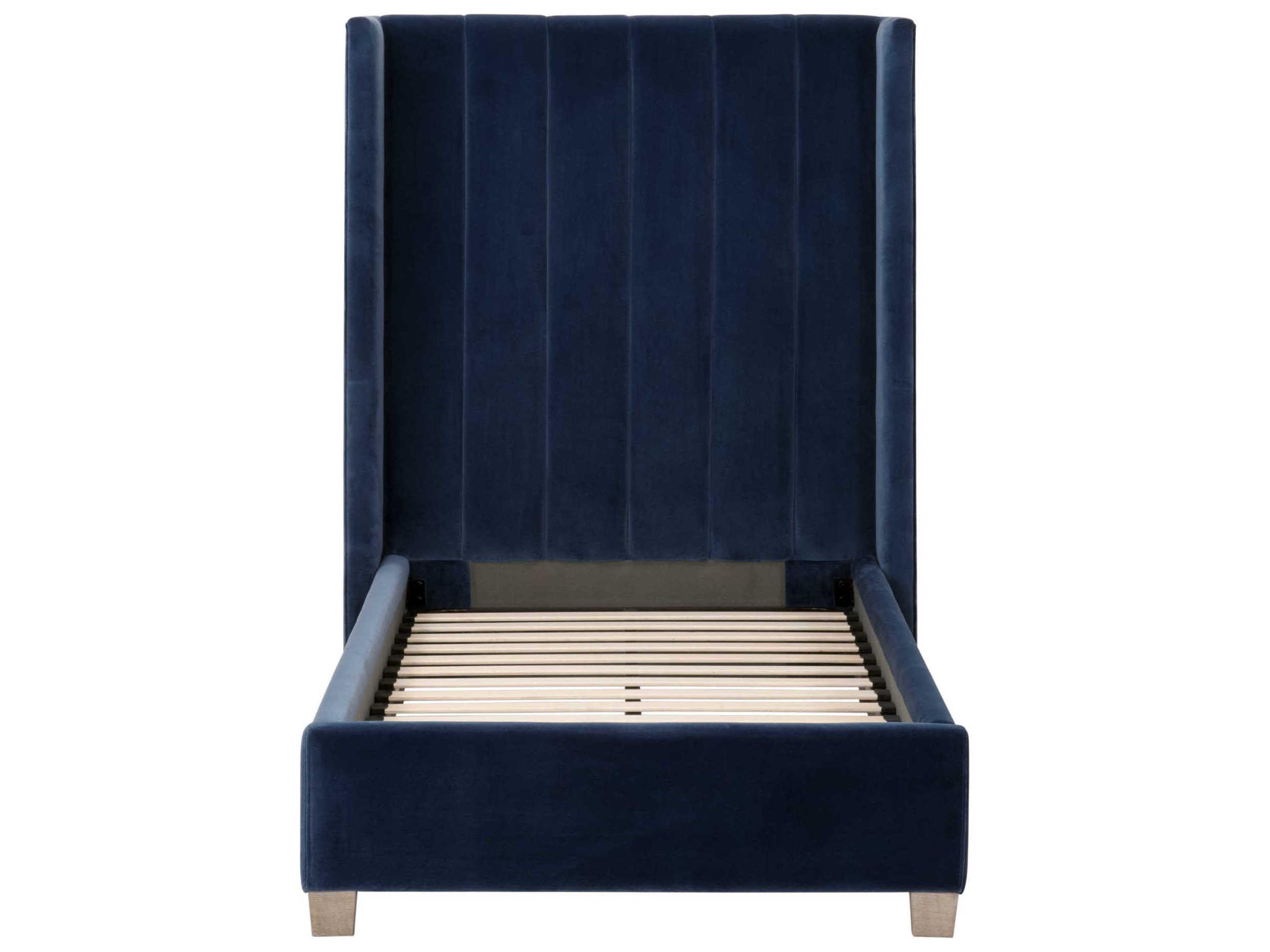 Essentials for Living Stitch & Hand Chandler Denim Velvet Natural Gray Oak Blue Wood Upholstered Twin Panel Bed