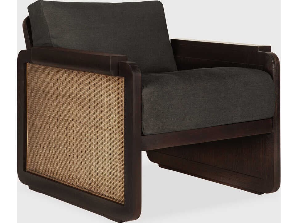 Ethnicraft Panel Teak Dark Brown and Grey Linen Lounge Chair