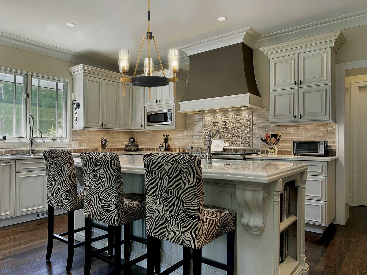 Eurofase Gladstone 3-Light Antique Brass Black Glass Chandelier