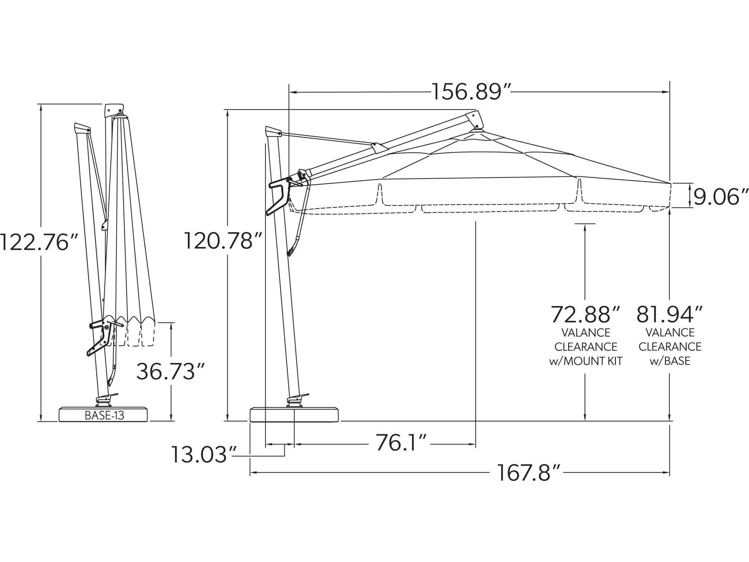 Treasure Garden Special Order Sunbrella Cantilever 13 Foot AKZPLX Plus Starlux Octagon Crank Lift Tilt and Lock Patio Umbrella