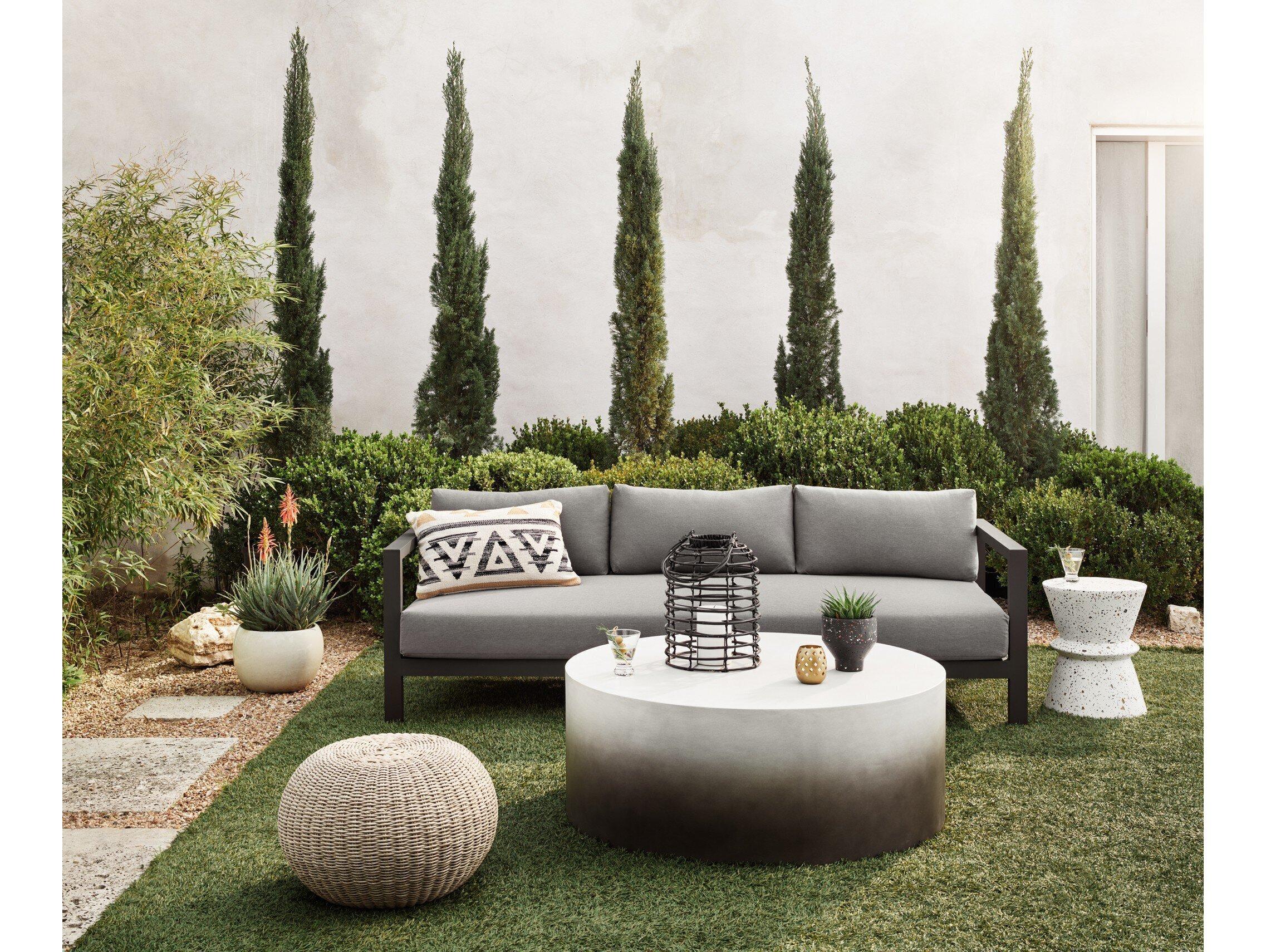 Four Hands Outdoor Solano Bronze / Ivory Strap Sofa with Charcoal Cushion
