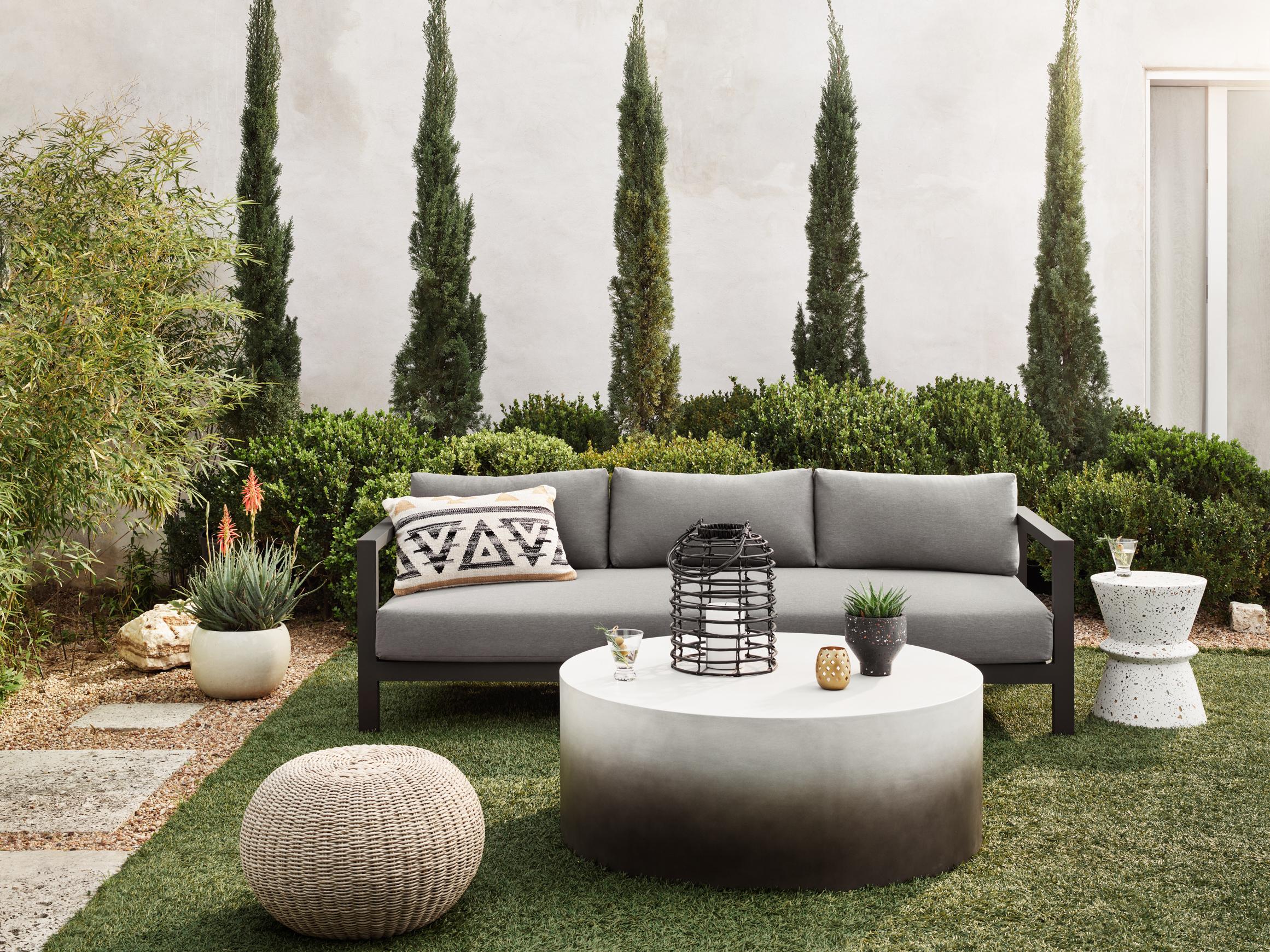 Four Hands Outdoor Solano Bronze / Ivory Strap Sofa with Charcoal Cushion