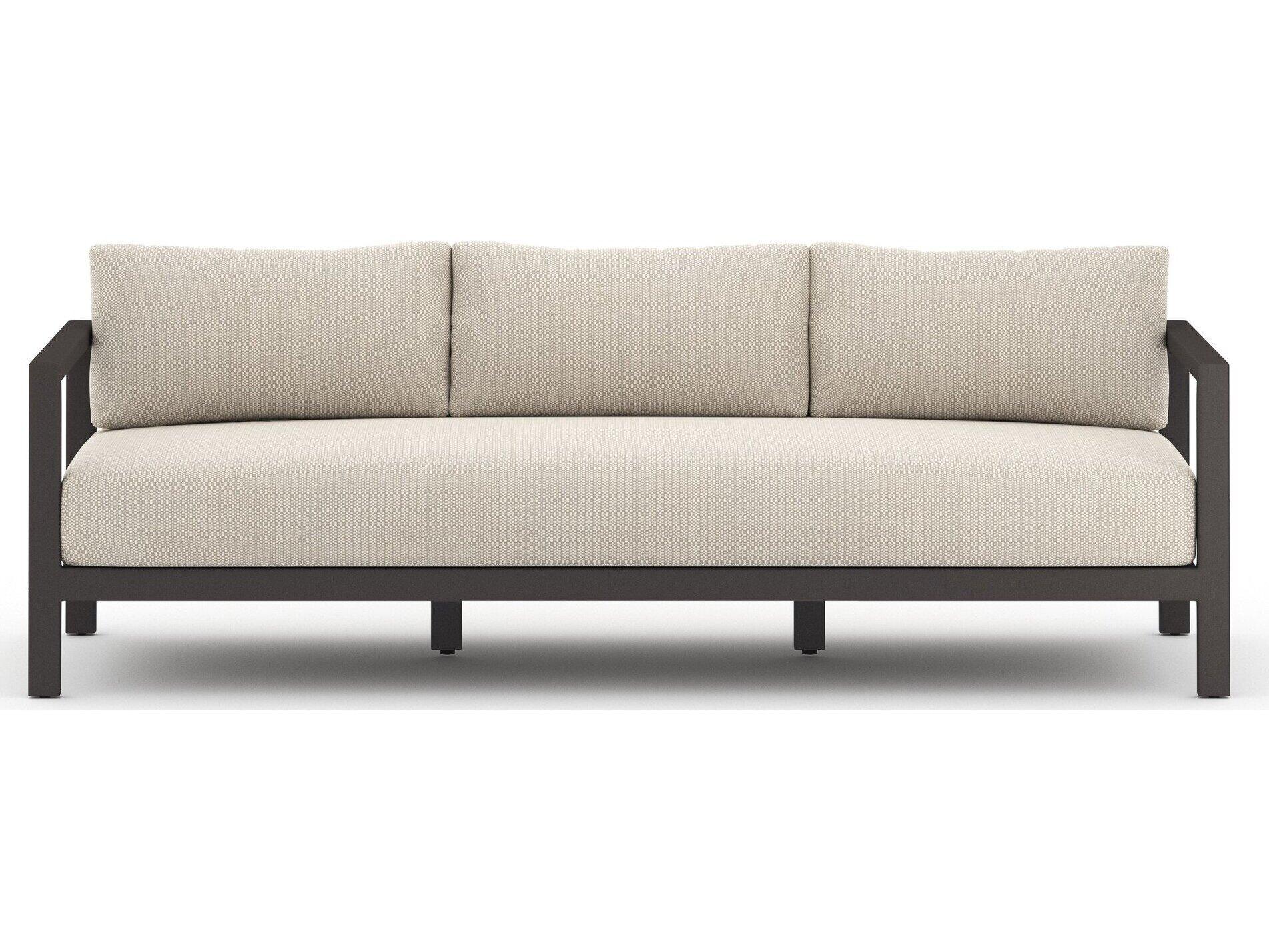 Four Hands Outdoor Solano Bronze / Ivory Strap Sofa with Faye Sand Cushion