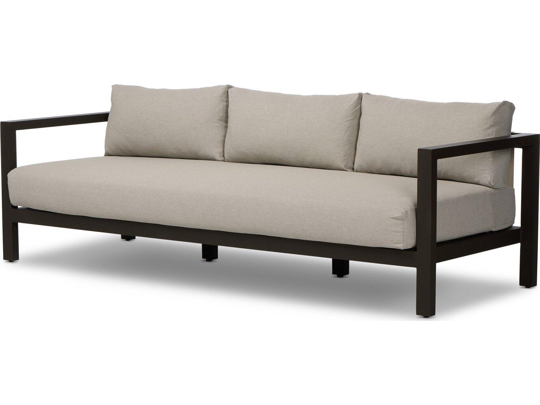 Four Hands Outdoor Solano Bronze / Ivory Strap Sofa with Stone Grey Cushion