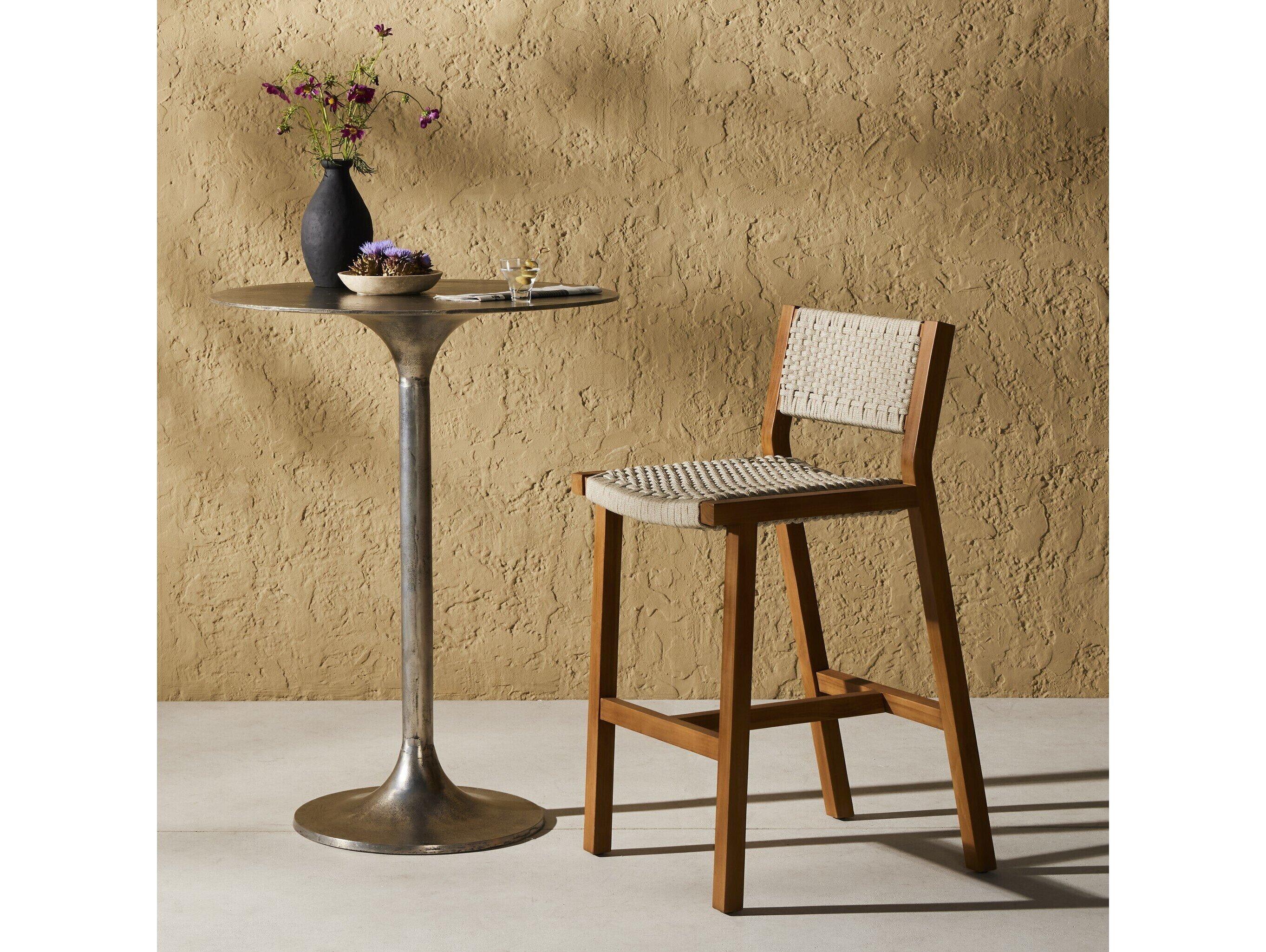 Four Hands Outdoor Solano Delano Natural Teak Rope Bar Stool in Ivory
