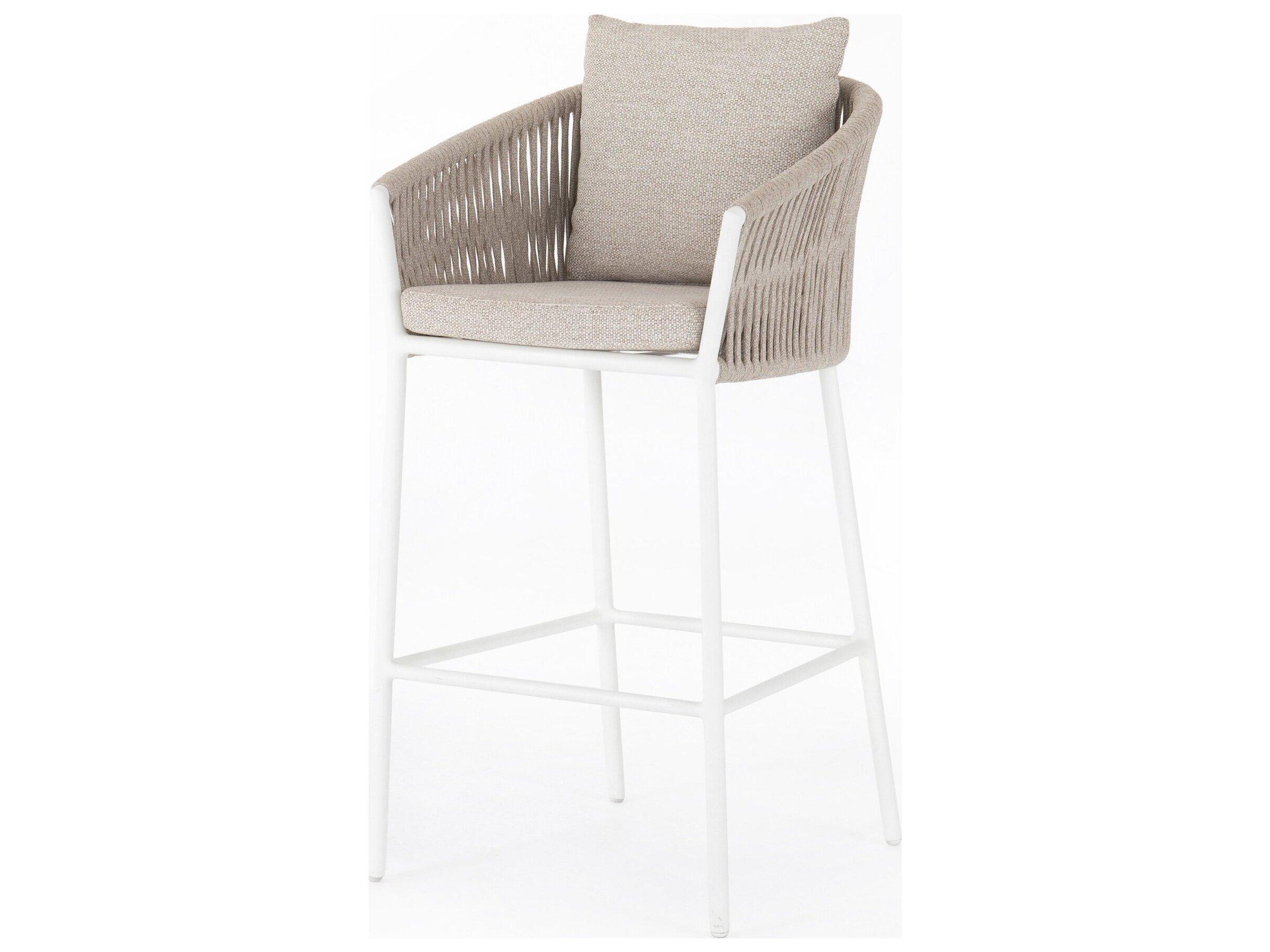 Four Hands Outdoor Solano White Aluminum Ivory Rope Resin Bar Stool with Faye Sand Cushion