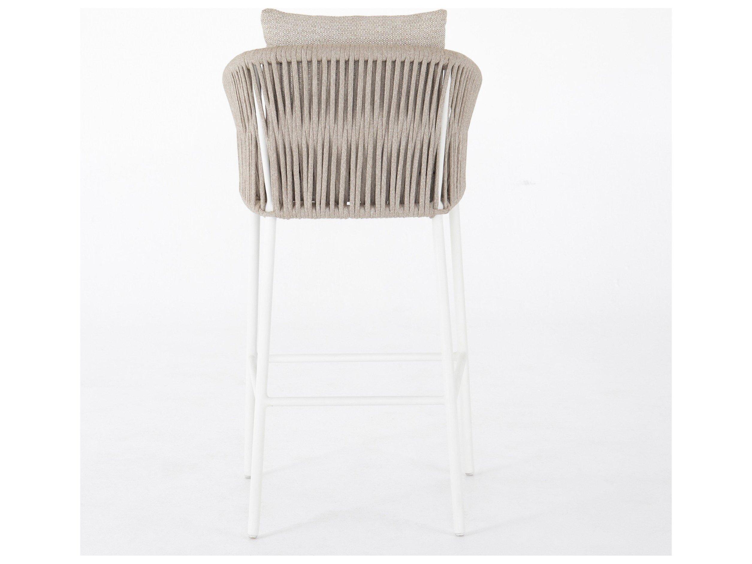 Four Hands Outdoor Solano White Aluminum Ivory Rope Resin Bar Stool with Faye Sand Cushion