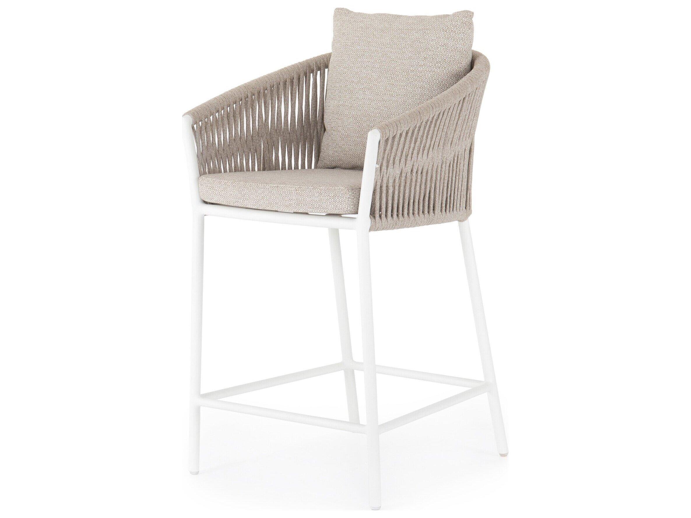 Four Hands Outdoor Solano White Aluminum Ivory Rope Resin Counter Stool with Faye Sand Cushion