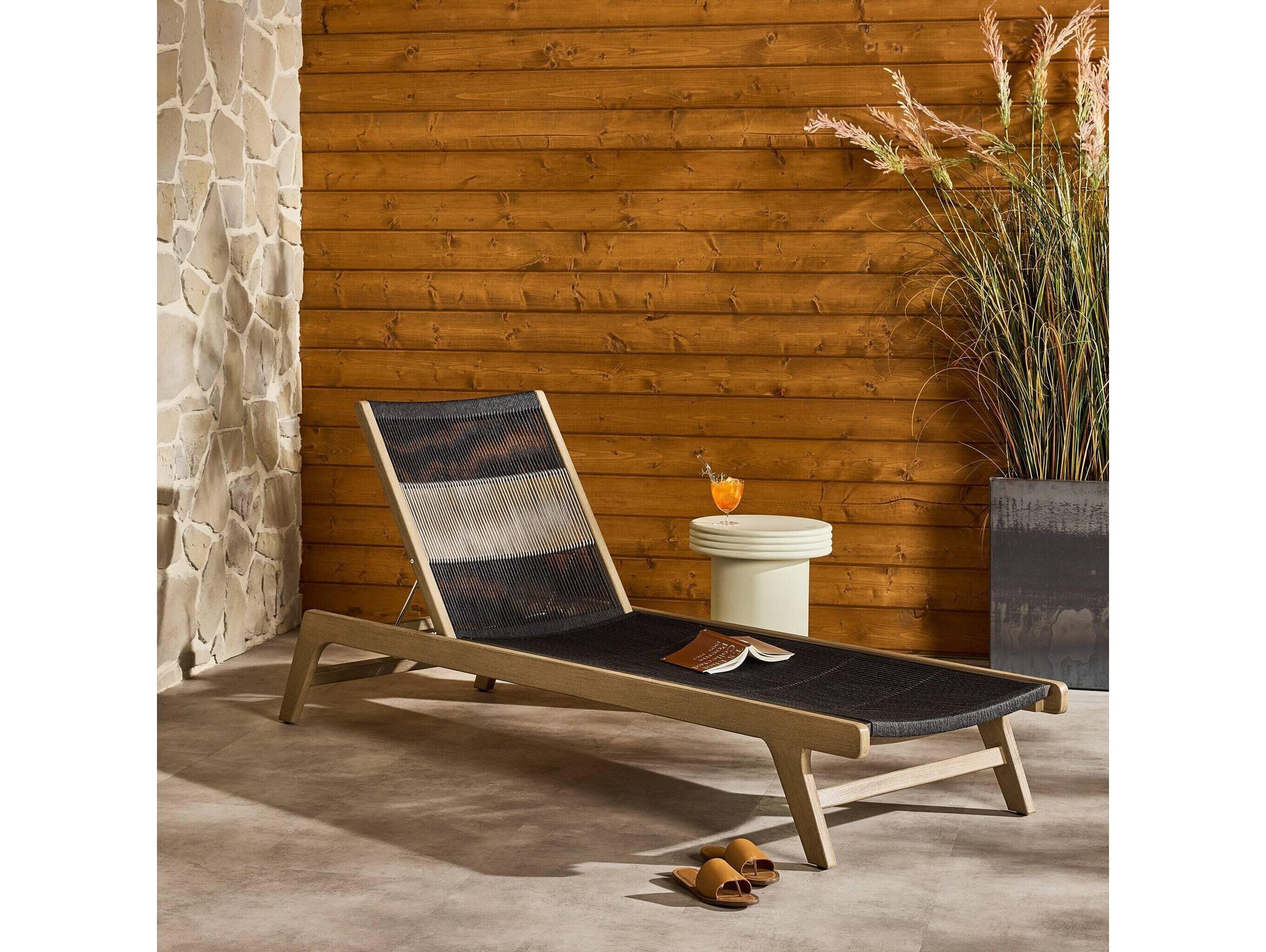 Four Hands Outdoor Solano Washed Brown Teak / Dark Grey Rope Chaise Lounge