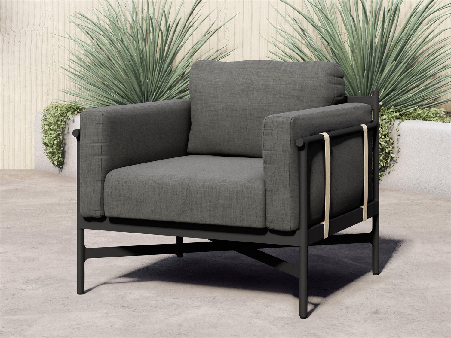 Four Hands Outdoor Solano Bronze / Ivory Strap Aluminum Resin Lounge Chair with Charcoal Cushion
