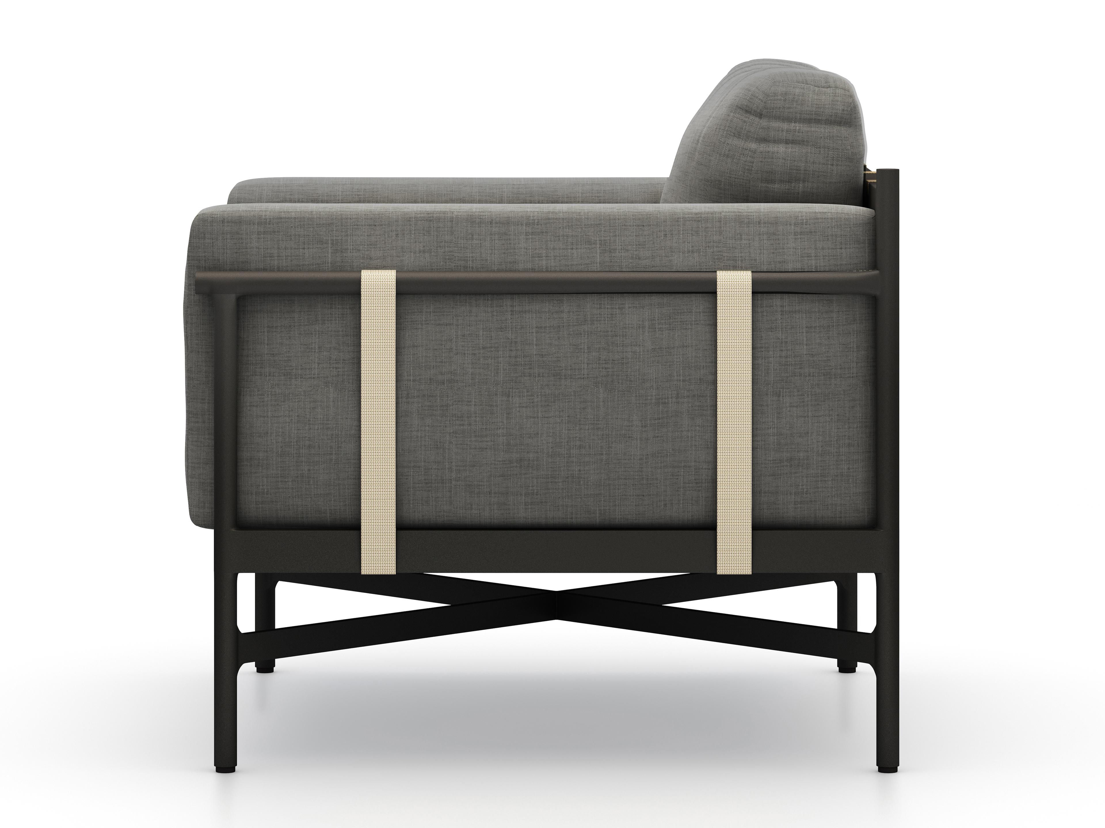 Four Hands Outdoor Solano Bronze / Ivory Strap Aluminum Resin Lounge Chair with Charcoal Cushion