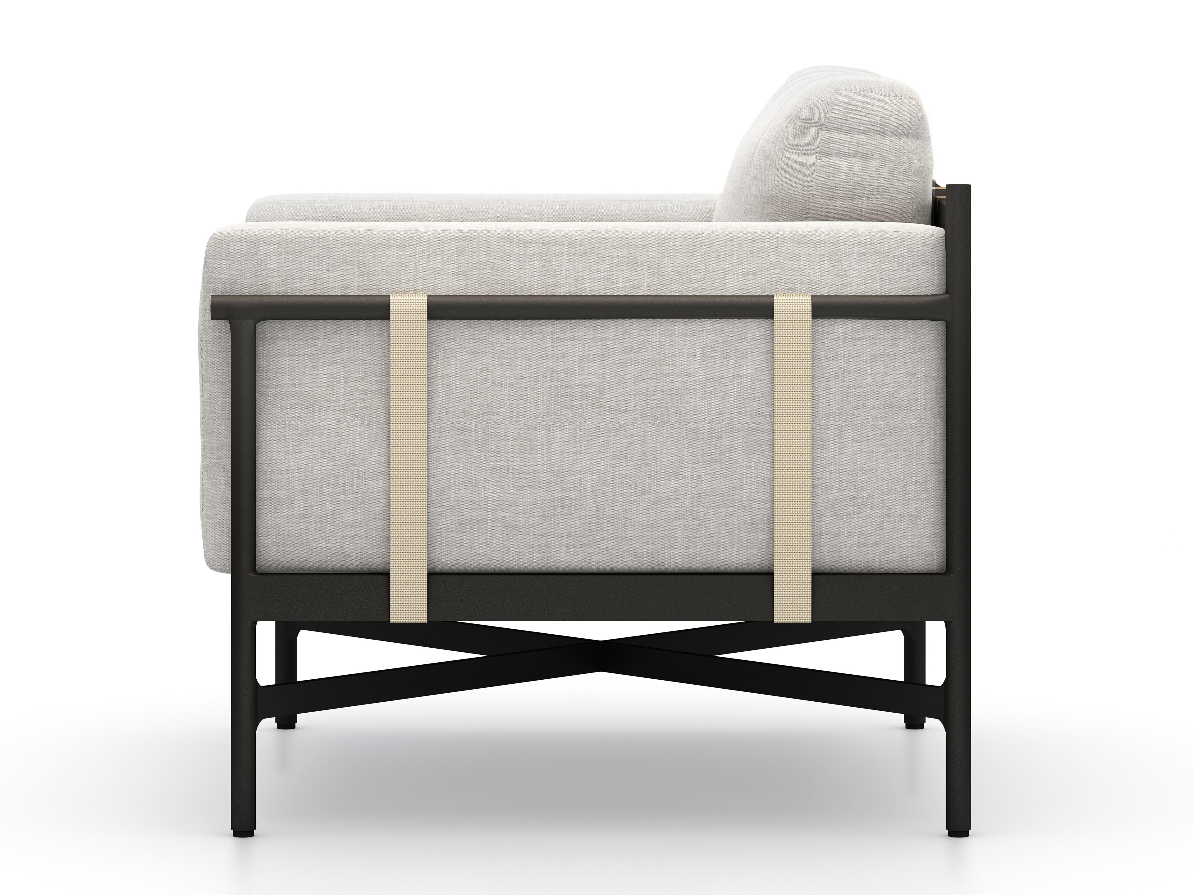 Four Hands Outdoor Solano Bronze / Ivory Strap Aluminum Resin Lounge Chair with Stone Grey Cushion