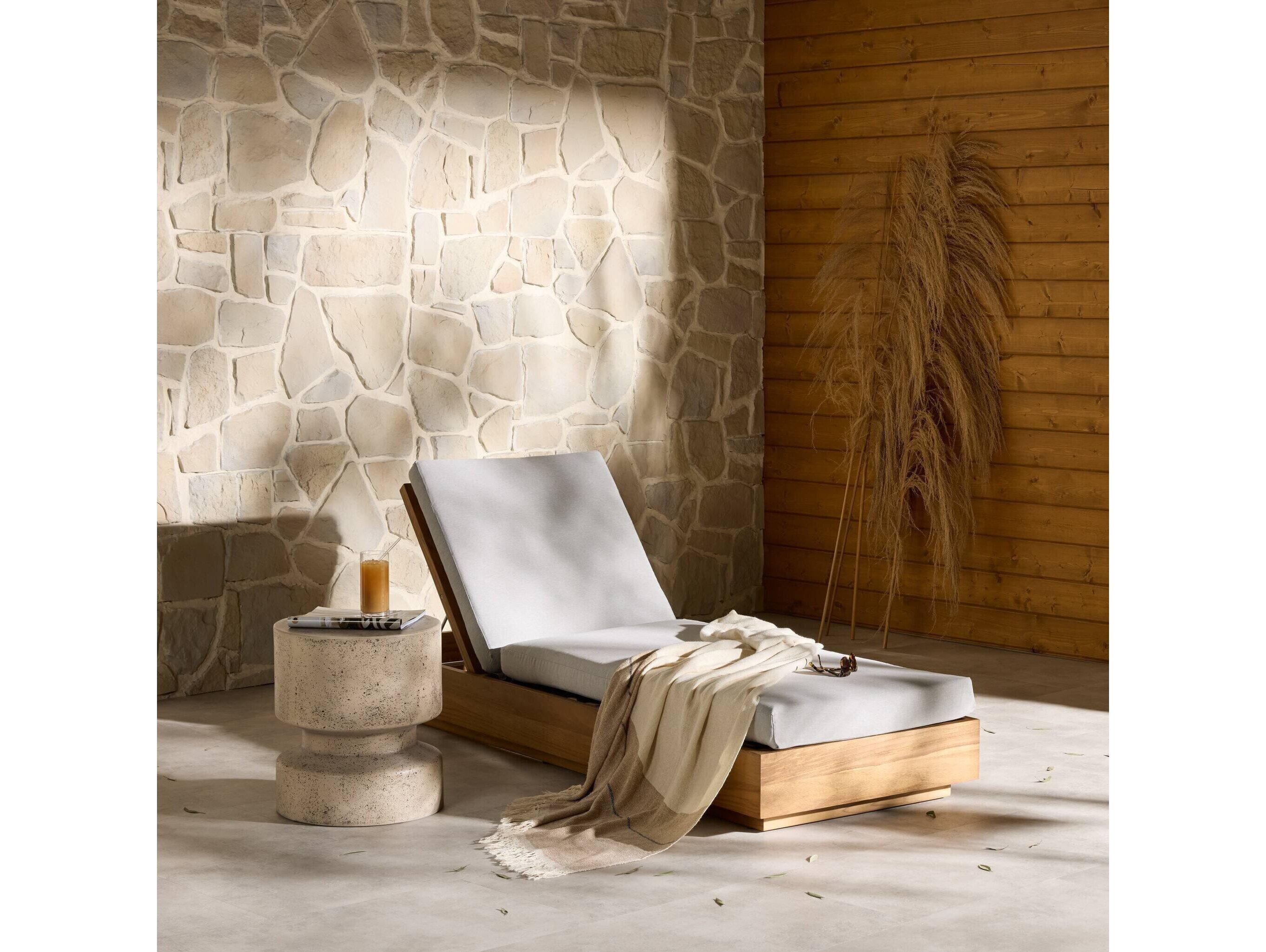 Four Hands Outdoor Solano Natural Teak Resin with Stone Grey Cushion Chaise Lounge