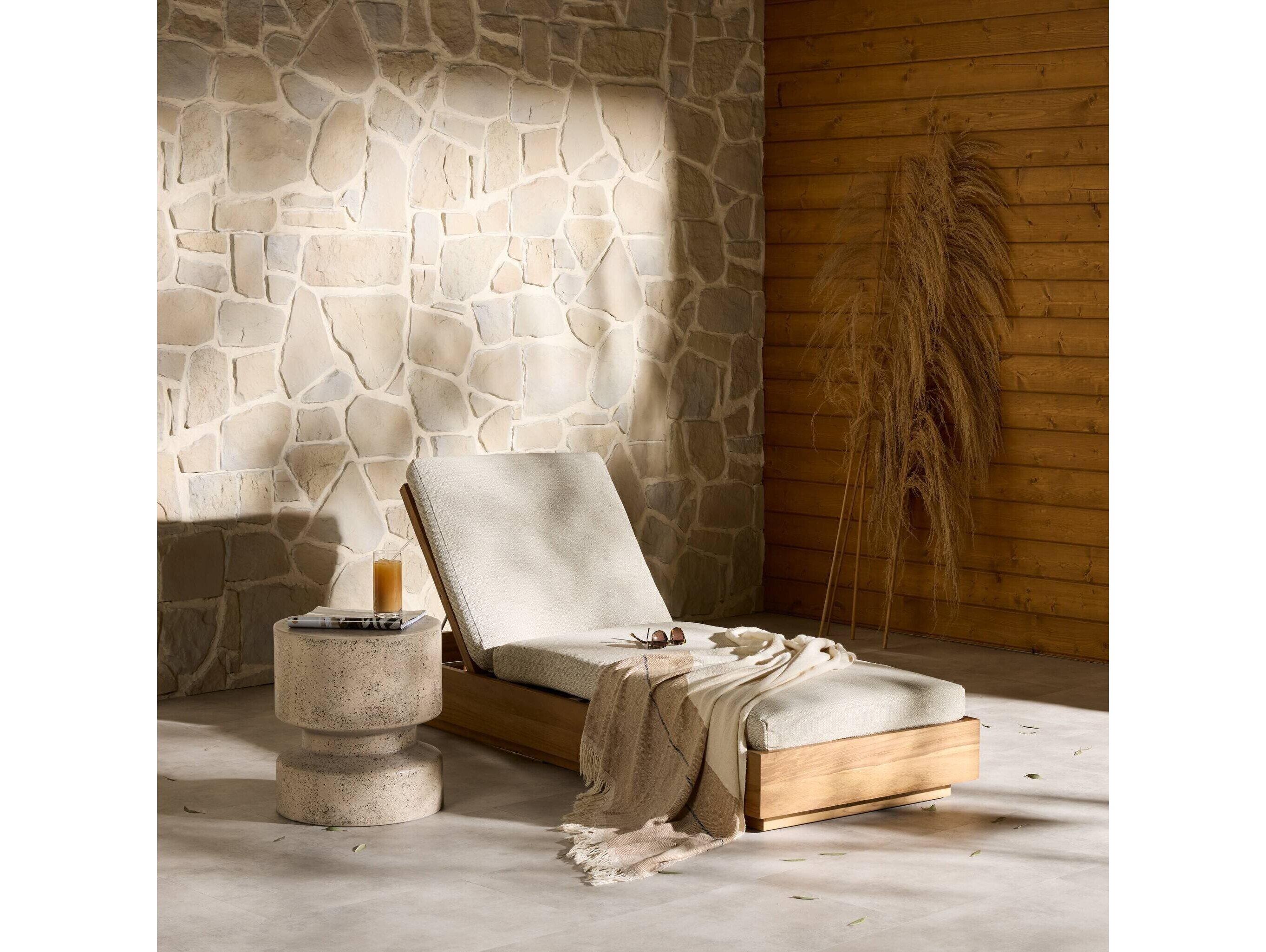 Four Hands Outdoor Solano Natural Teak Resin with Faye Sand Cushion Chaise Lounge