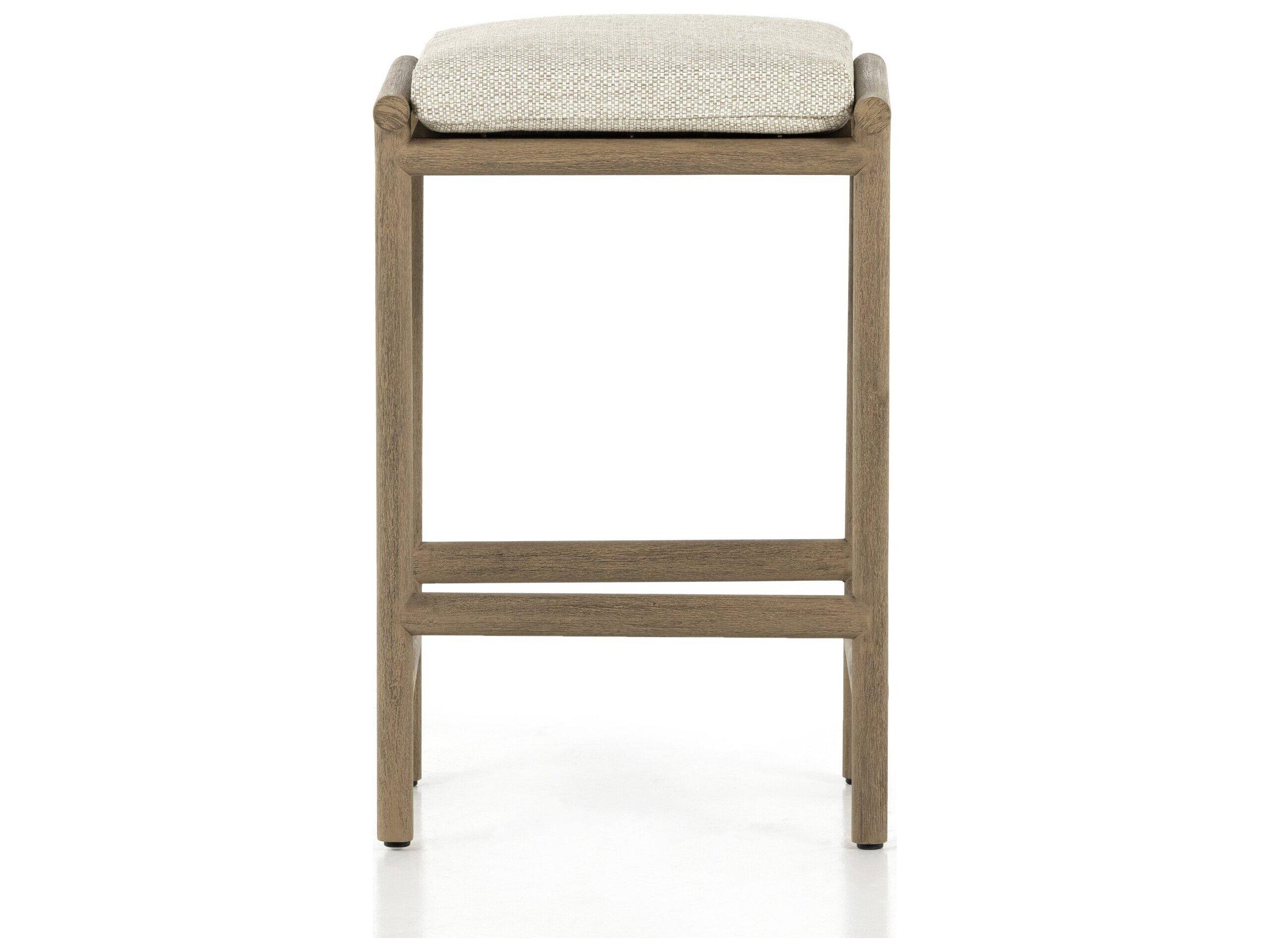 Four Hands Outdoor Solano Washed Brown Teak Counter Stool with Faye Sand Cushion