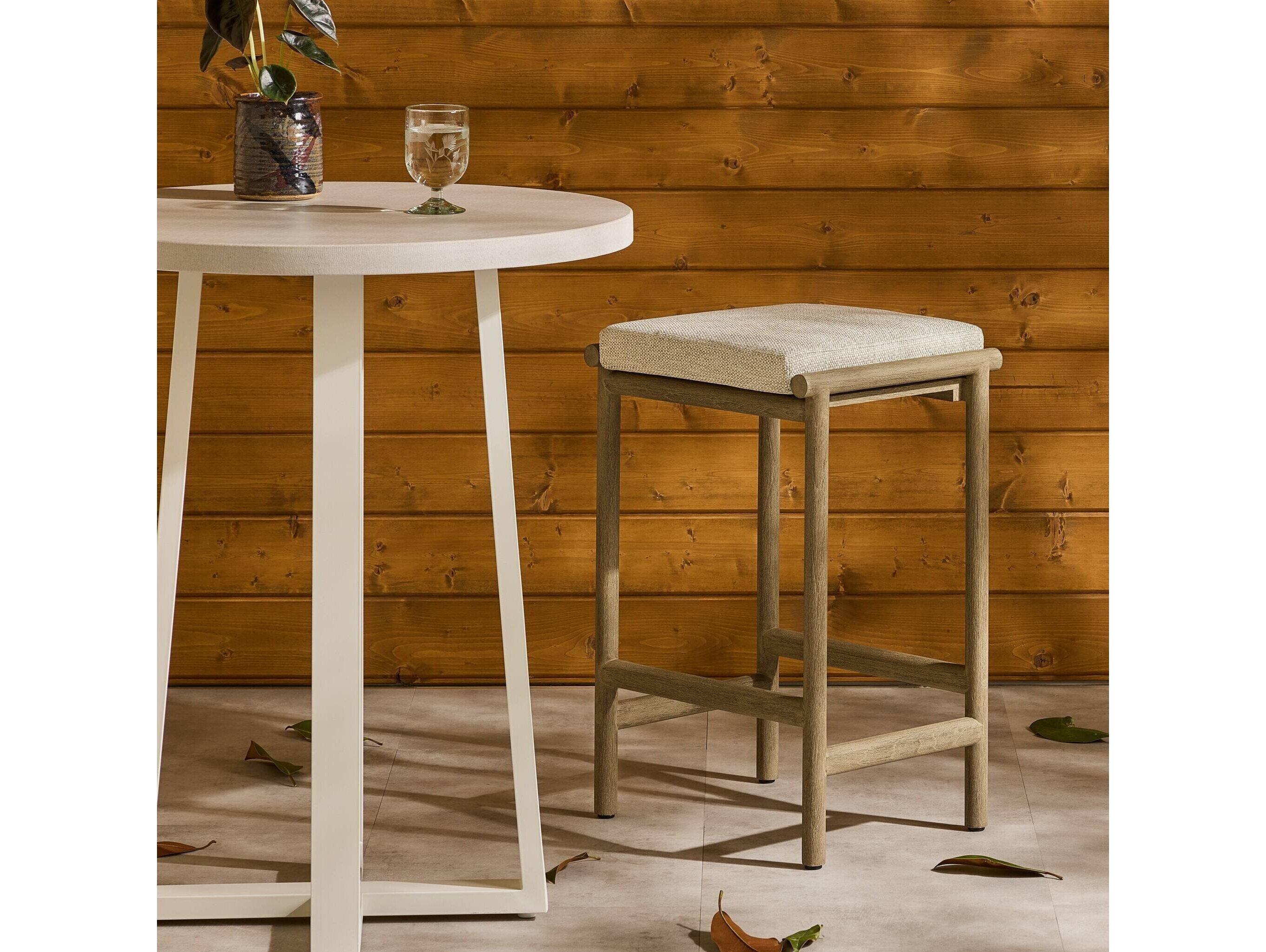 Four Hands Outdoor Solano Washed Brown Teak Counter Stool with Faye Sand Cushion