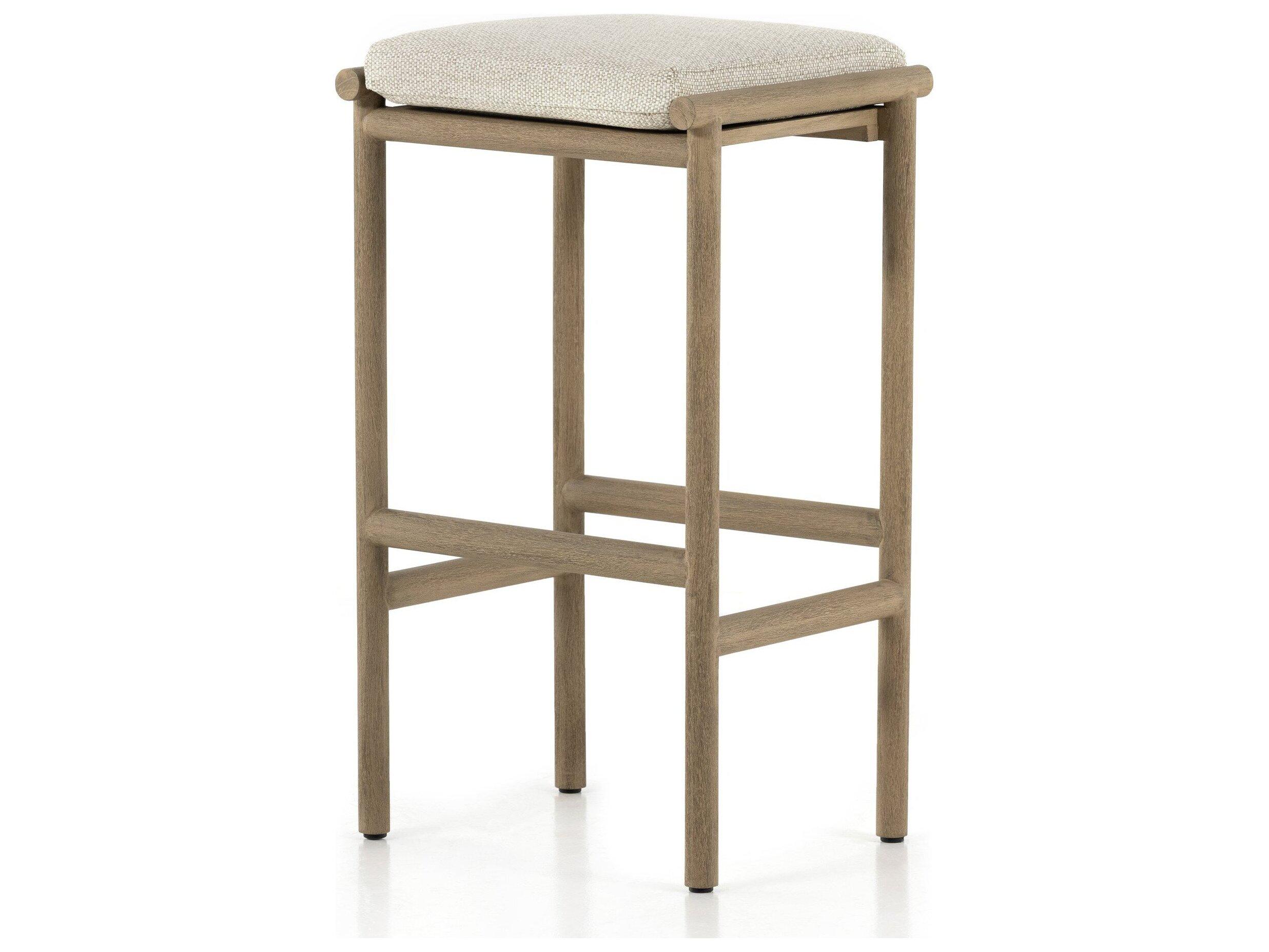 Four Hands Outdoor Solano Washed Brown Teak Bar Stool with Faye Sand Cushion