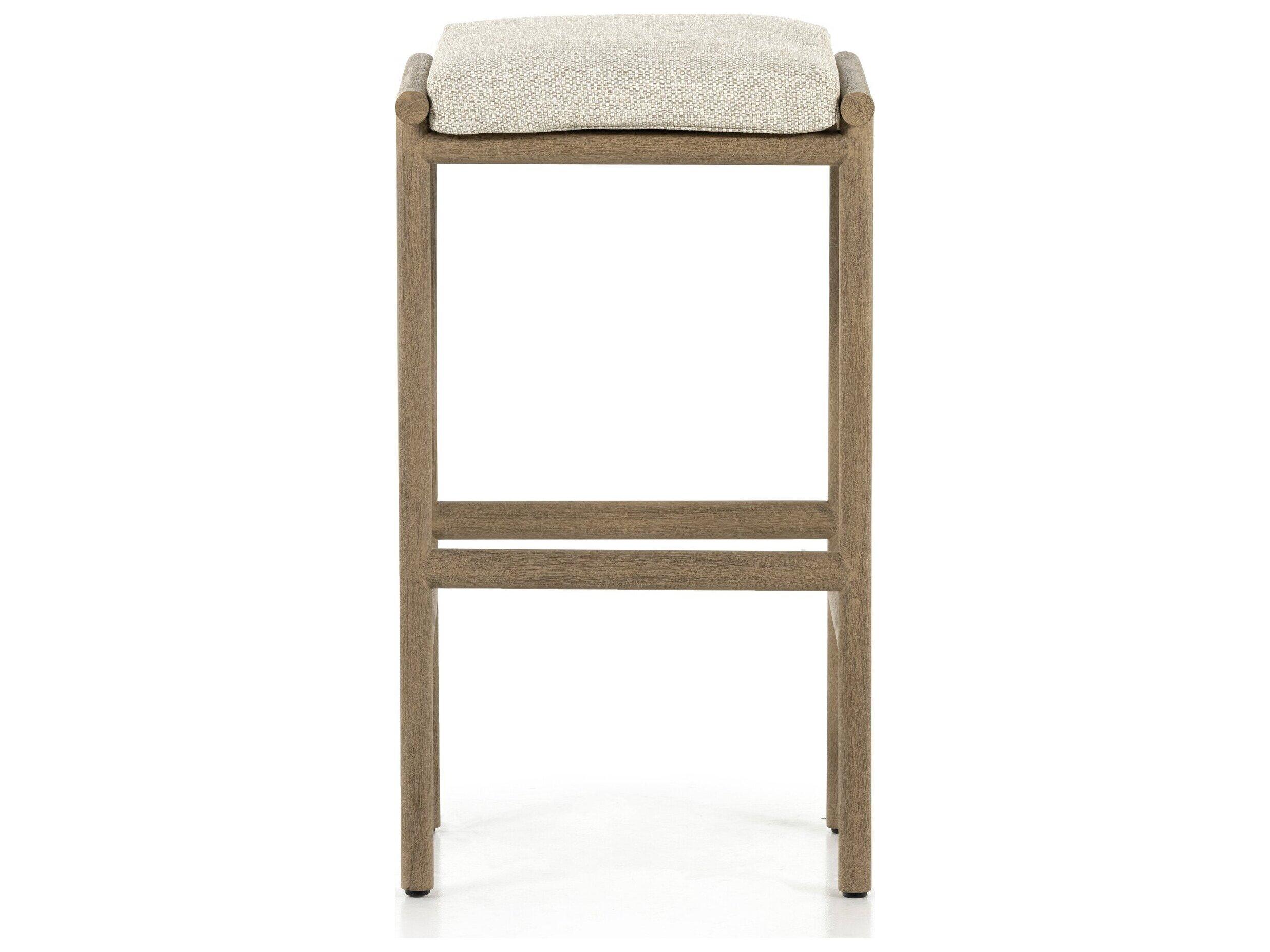 Four Hands Outdoor Solano Washed Brown Teak Bar Stool with Faye Sand Cushion