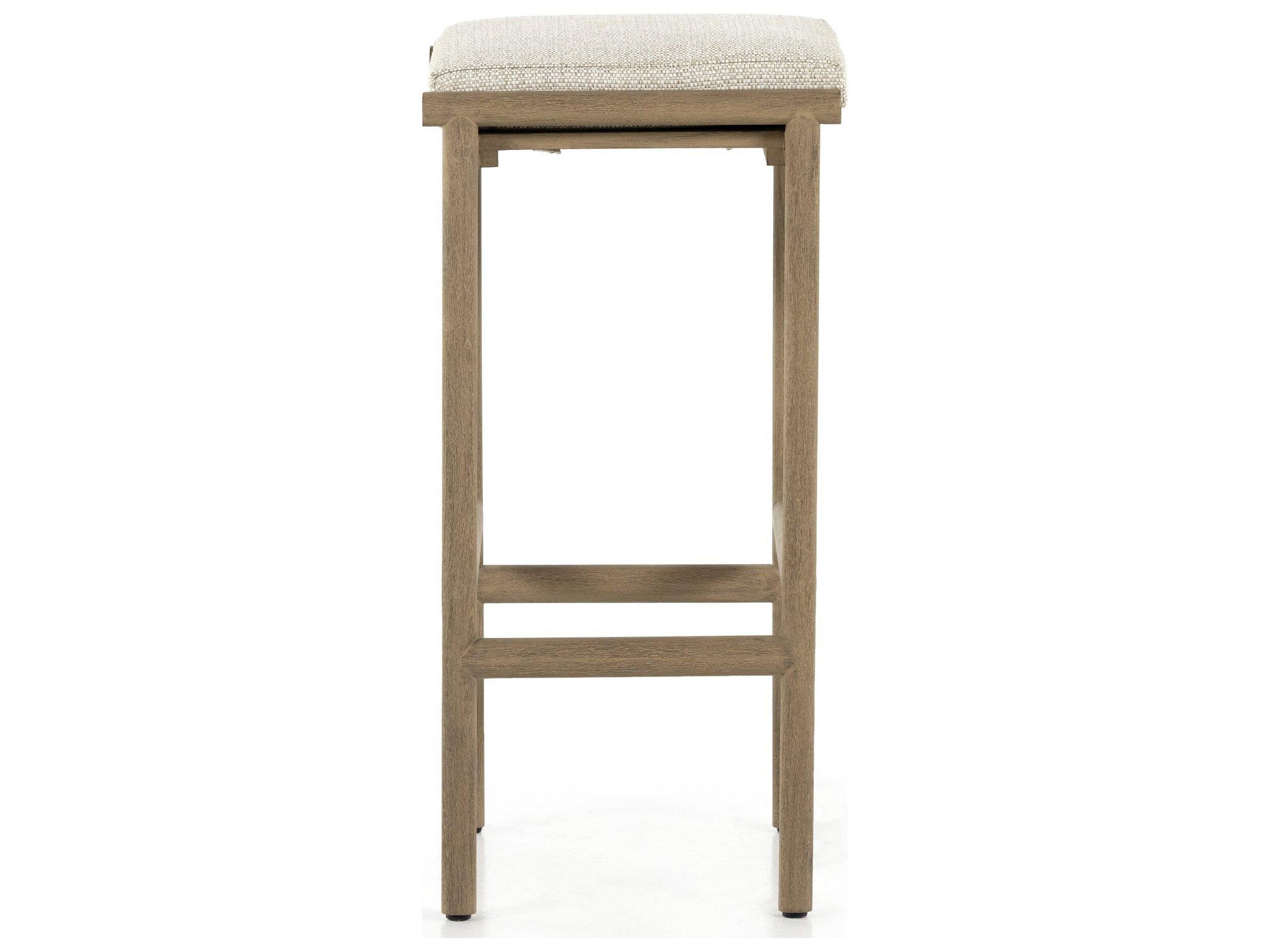 Four Hands Outdoor Solano Washed Brown Teak Bar Stool with Faye Sand Cushion