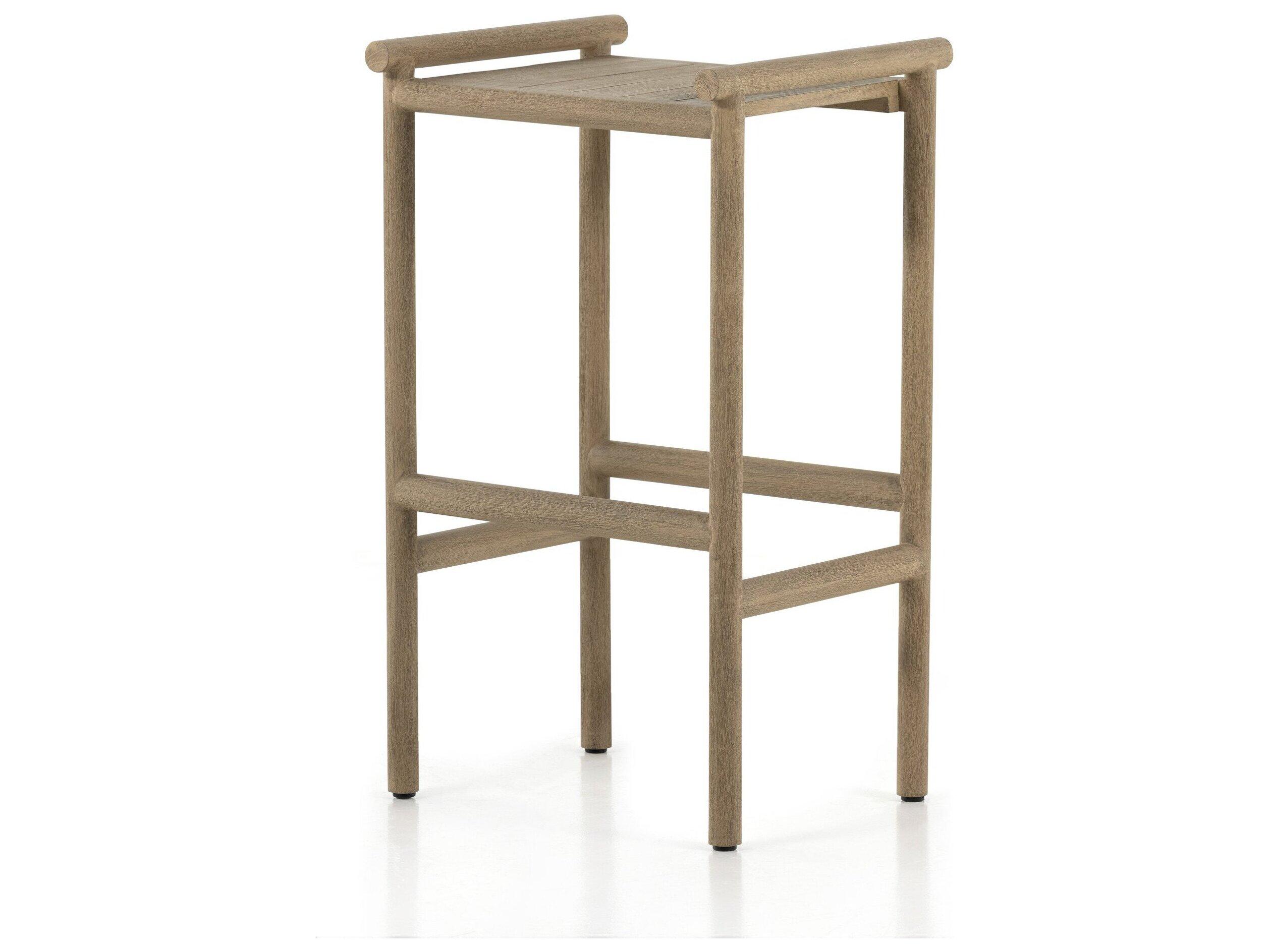Four Hands Outdoor Solano Washed Brown Teak Bar Stool with Faye Sand Cushion