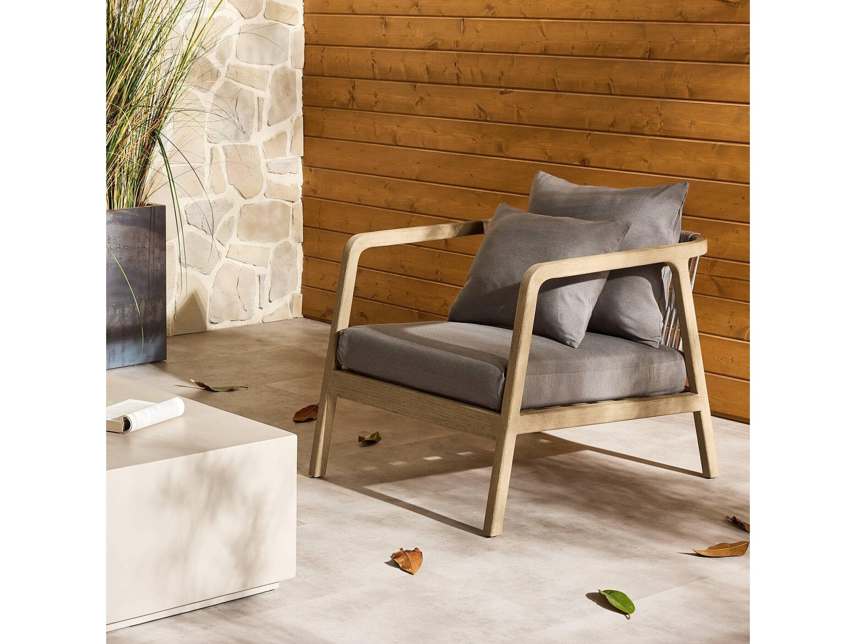 Four Hands Outdoor Solano Washed Brown Teak / Bronze / Dark Grey Rope Lounge Chair with Charcoal Cushion
