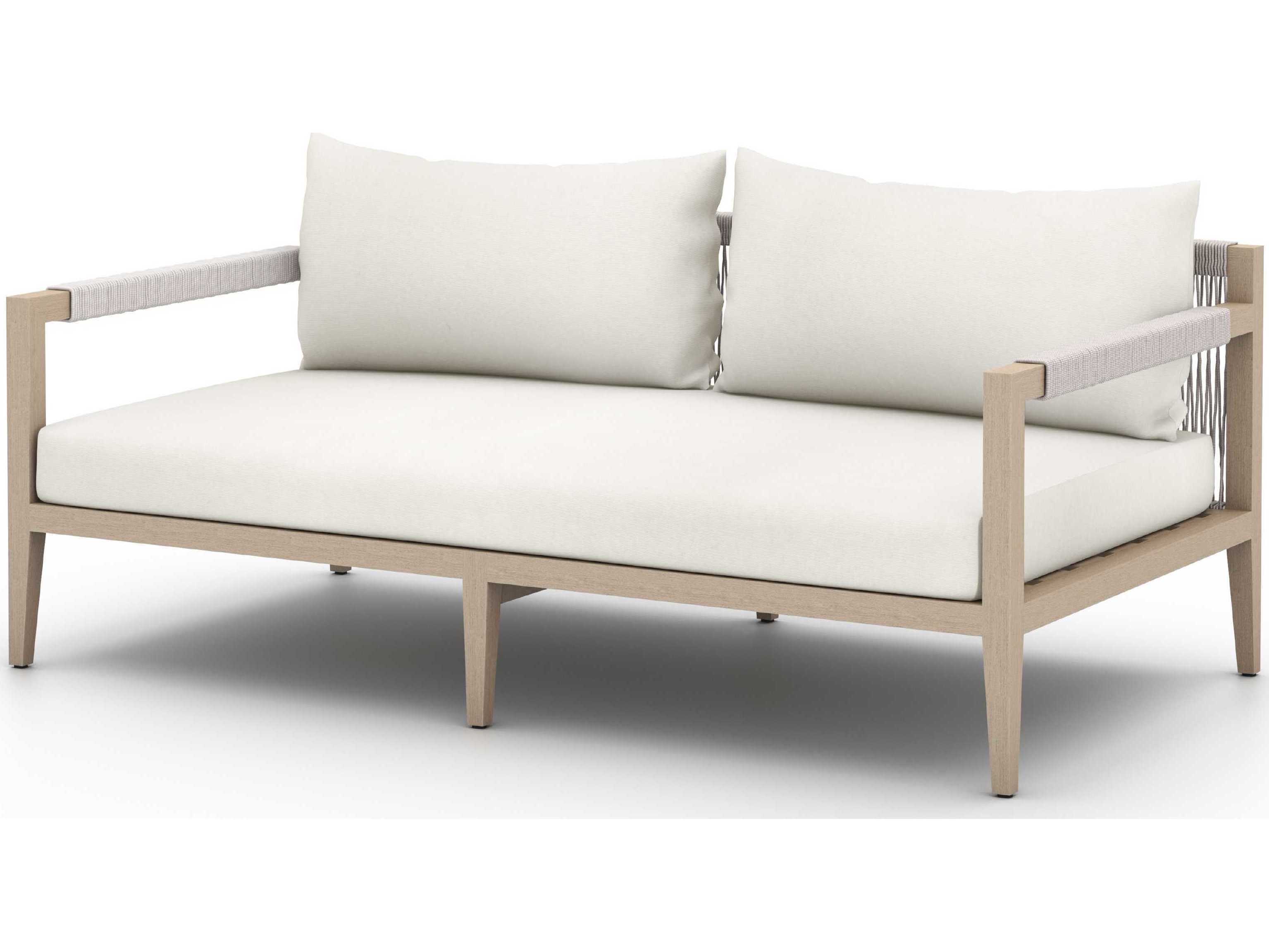 Four Hands Outdoor Solano Washed Brown Teak / Grey Rope Loveseat with Natural Ivory Cushion