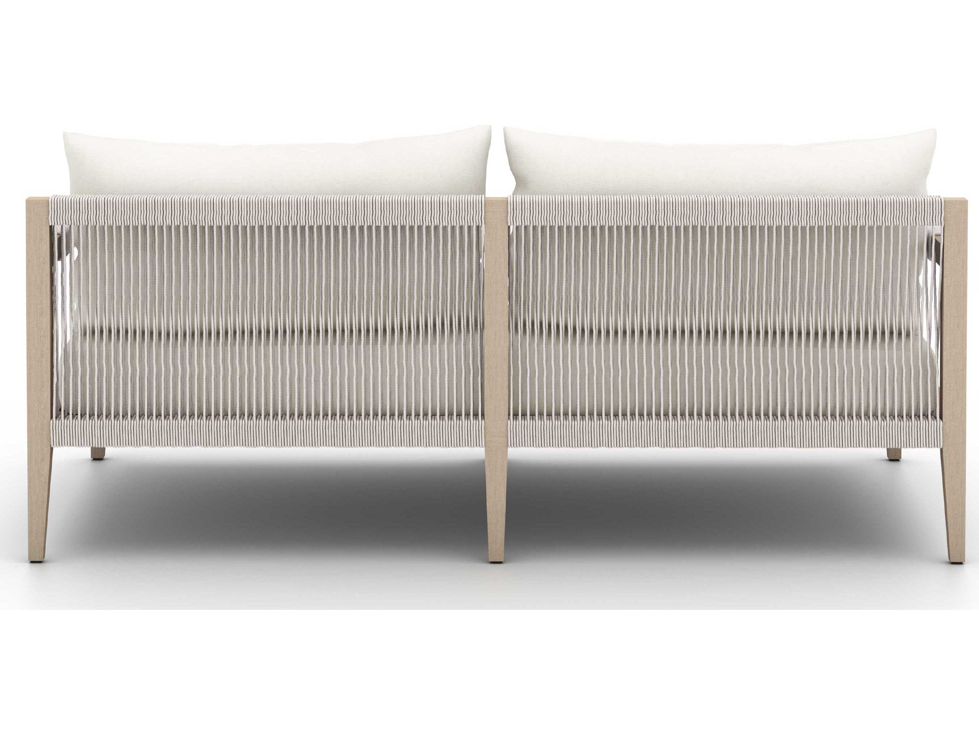 Four Hands Outdoor Solano Washed Brown Teak / Grey Rope Loveseat with Natural Ivory Cushion