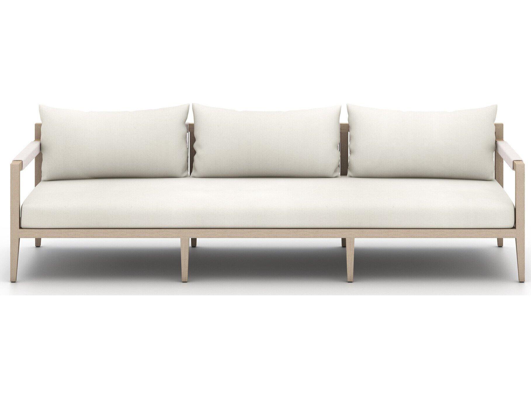 Four Hands Outdoor Solano Washed Brown Teak / Grey Rope Sofa with Natural Ivory Cushion