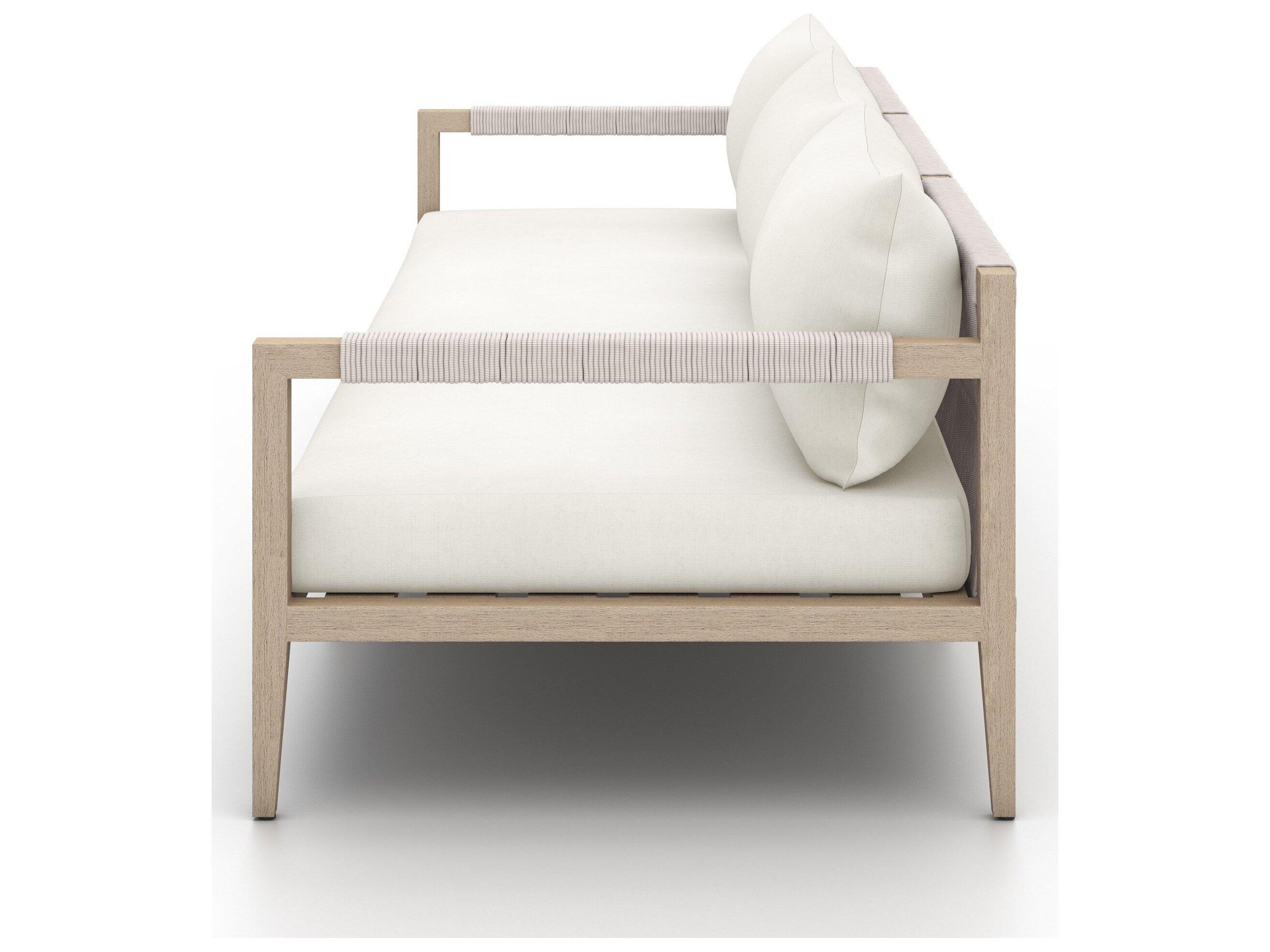 Four Hands Outdoor Solano Washed Brown Teak / Grey Rope Sofa with Natural Ivory Cushion