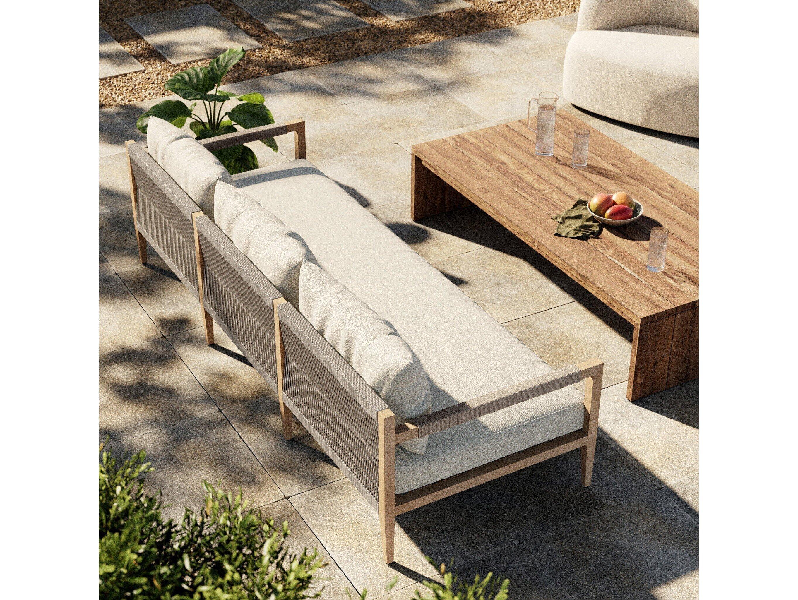 Four Hands Outdoor Solano Washed Brown Teak / Grey Rope Sofa with Natural Ivory Cushion