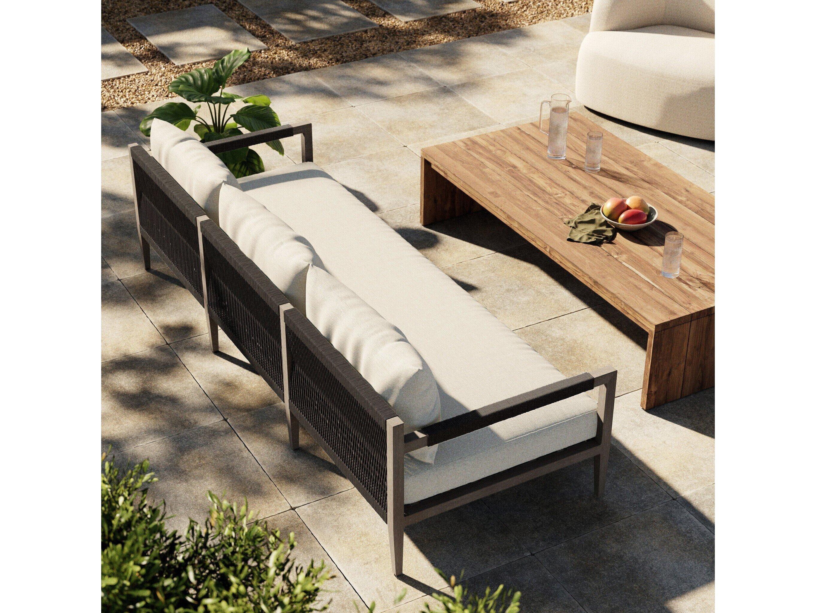 Four Hands Outdoor Solano Natural Ivory / Weathered Grey Dark Rope Polypropylene Teak Cushion Sofa