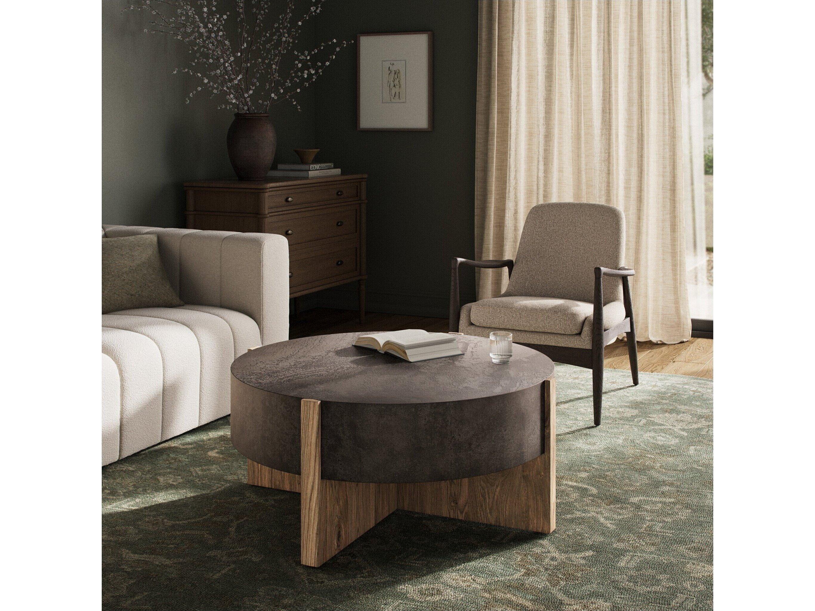 Four Hands Outdoor Wesson Bingham Rustic Oak Wood  41.5" Round Coffee Table