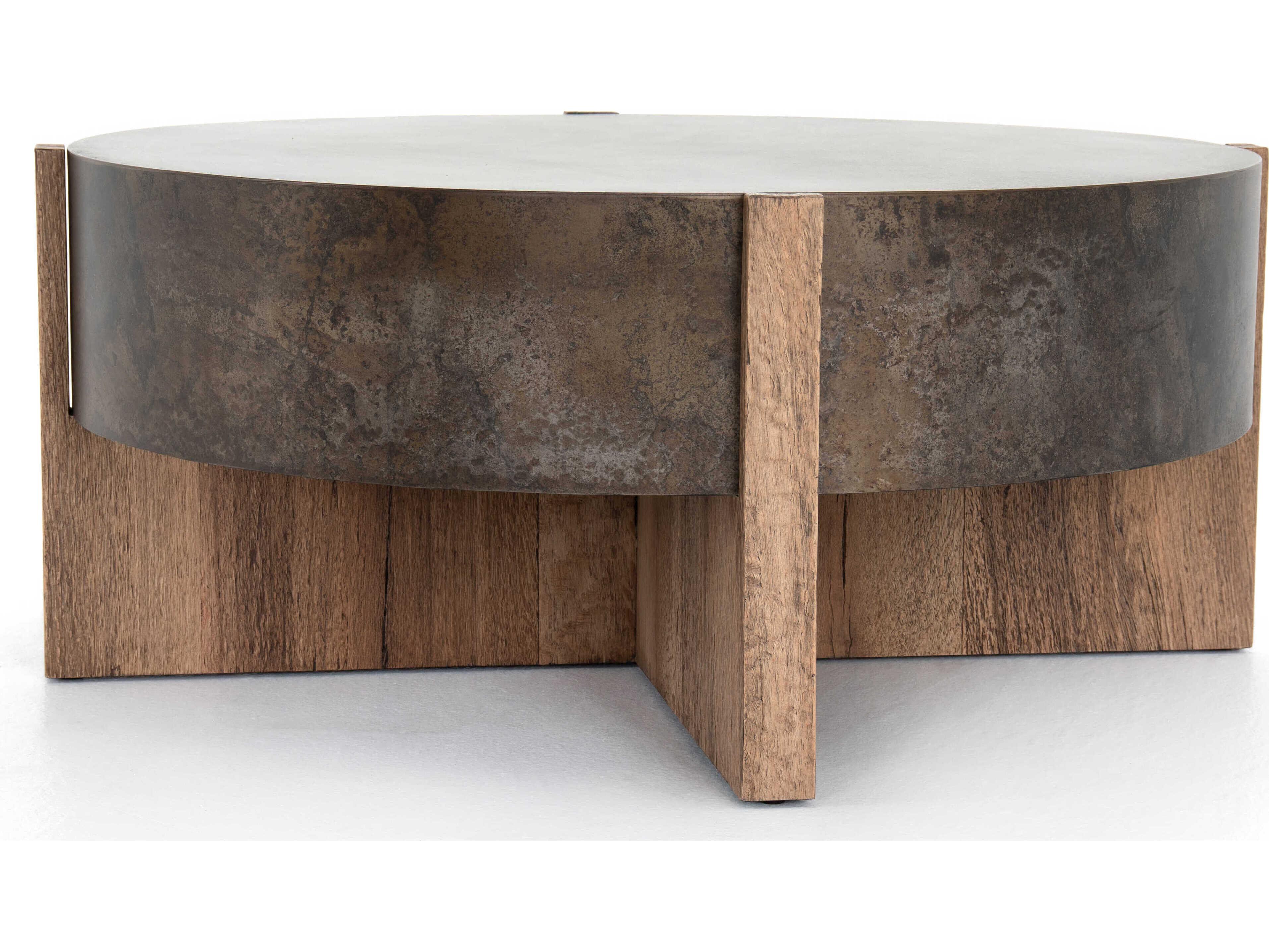 Four Hands Outdoor Wesson Bingham Rustic Oak Wood  41.5" Round Coffee Table