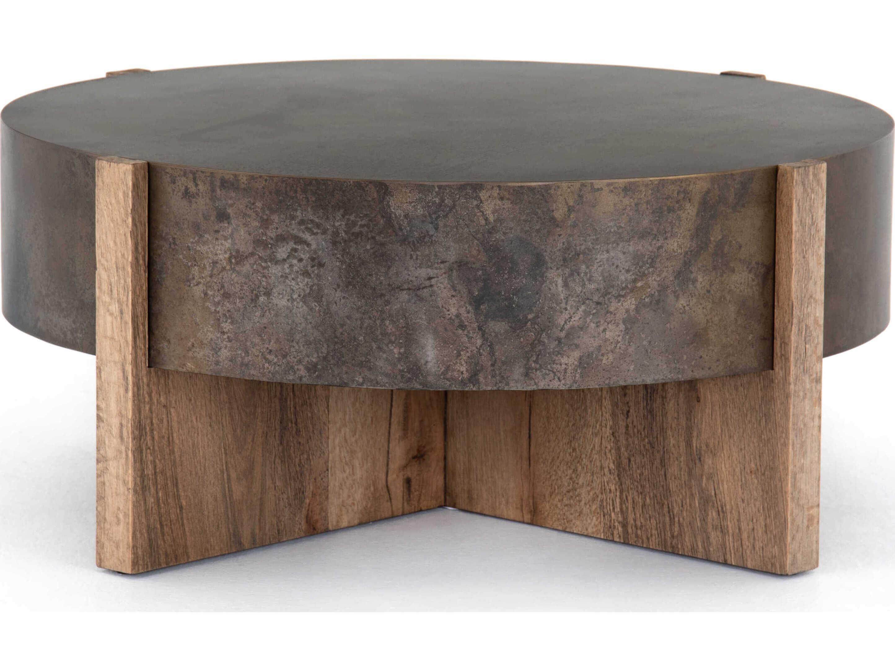 Four Hands Outdoor Wesson Bingham Rustic Oak Wood  41.5" Round Coffee Table