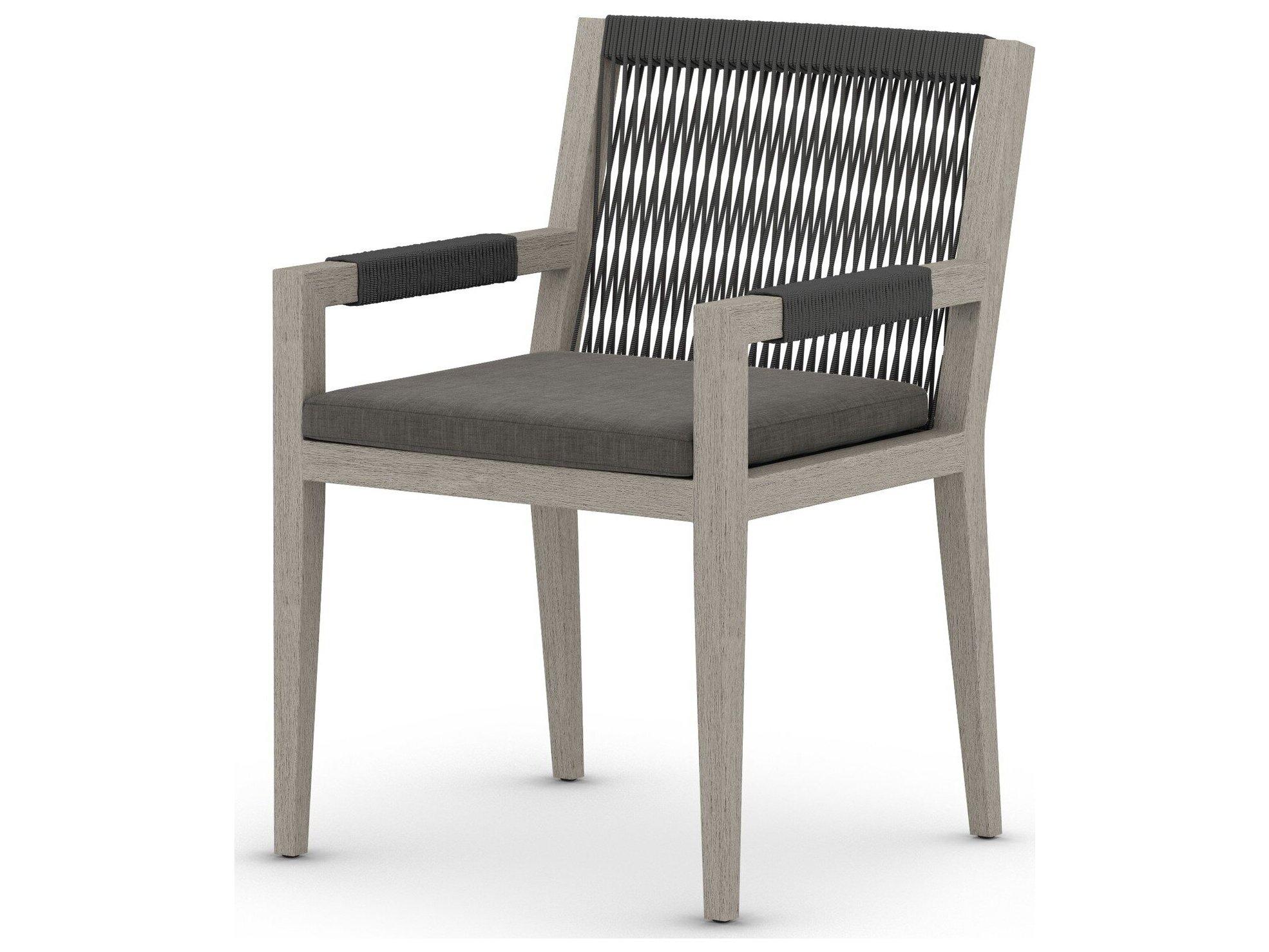 Four Hands Outdoor Solano Weathered Grey / Dark Grey Rope Resin Teak Dining Chair with Charcoal Cushion