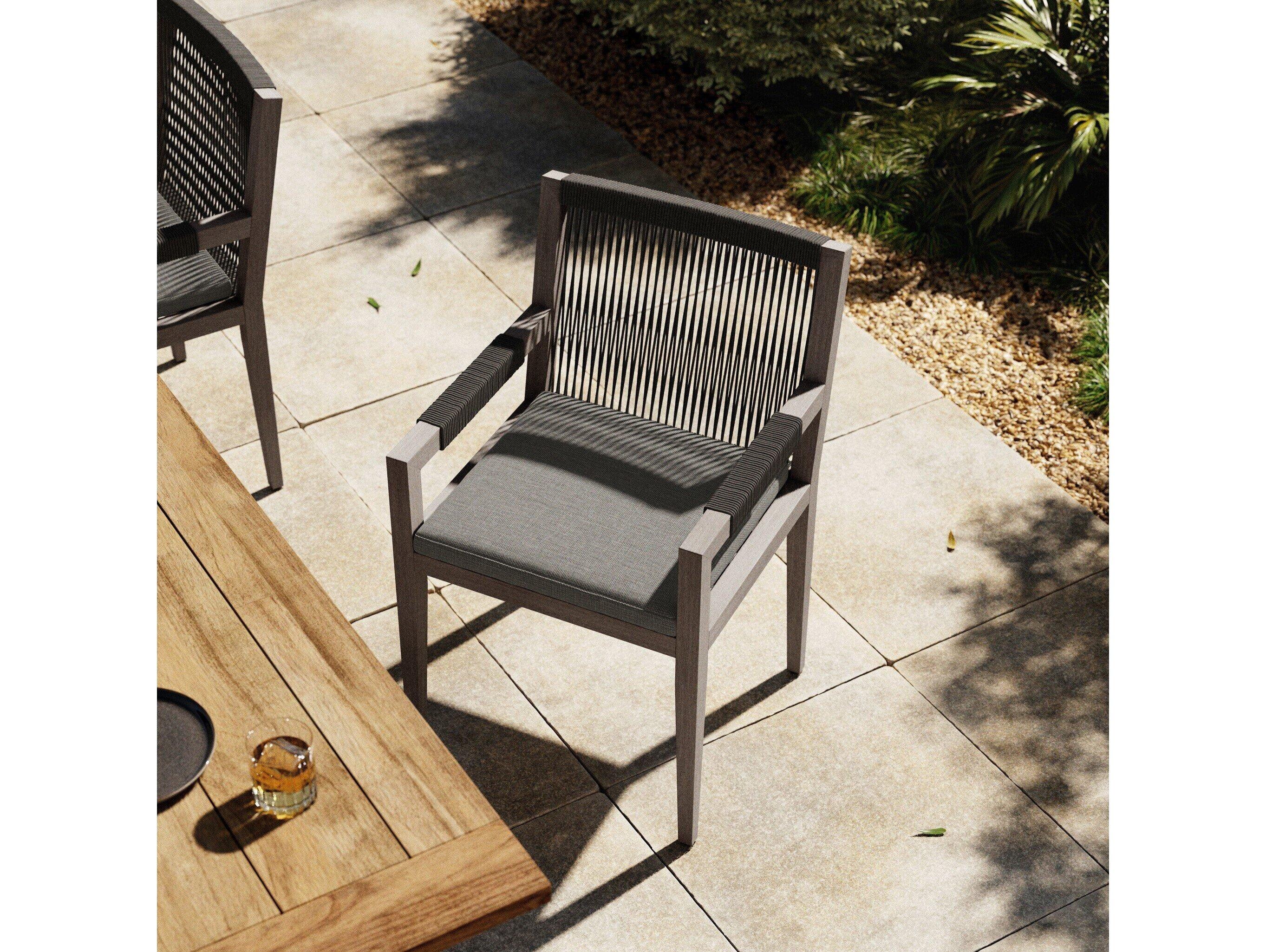 Four Hands Outdoor Solano Weathered Grey / Dark Grey Rope Resin Teak Dining Chair with Charcoal Cushion