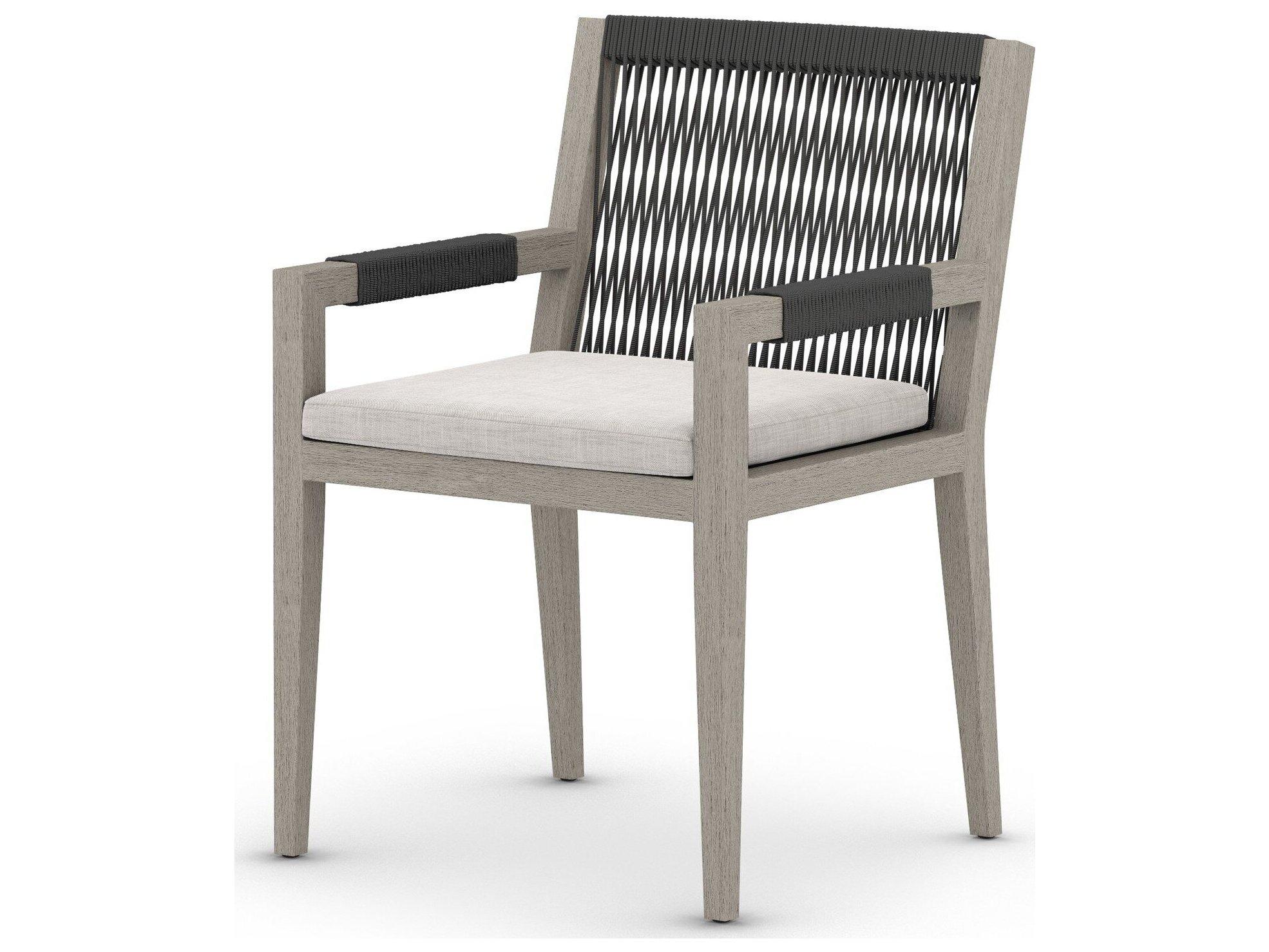 Four Hands Outdoor Solano Weathered Grey / Dark Grey Rope Resin Teak Dining Chair with Stone Grey Cushion