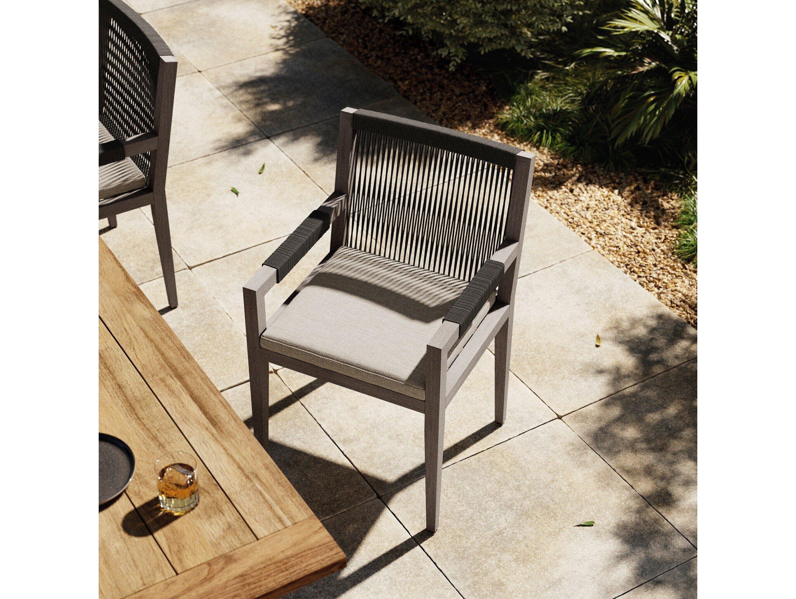 Four Hands Outdoor Solano Weathered Grey / Dark Grey Rope Resin Teak Dining Chair with Stone Grey Cushion