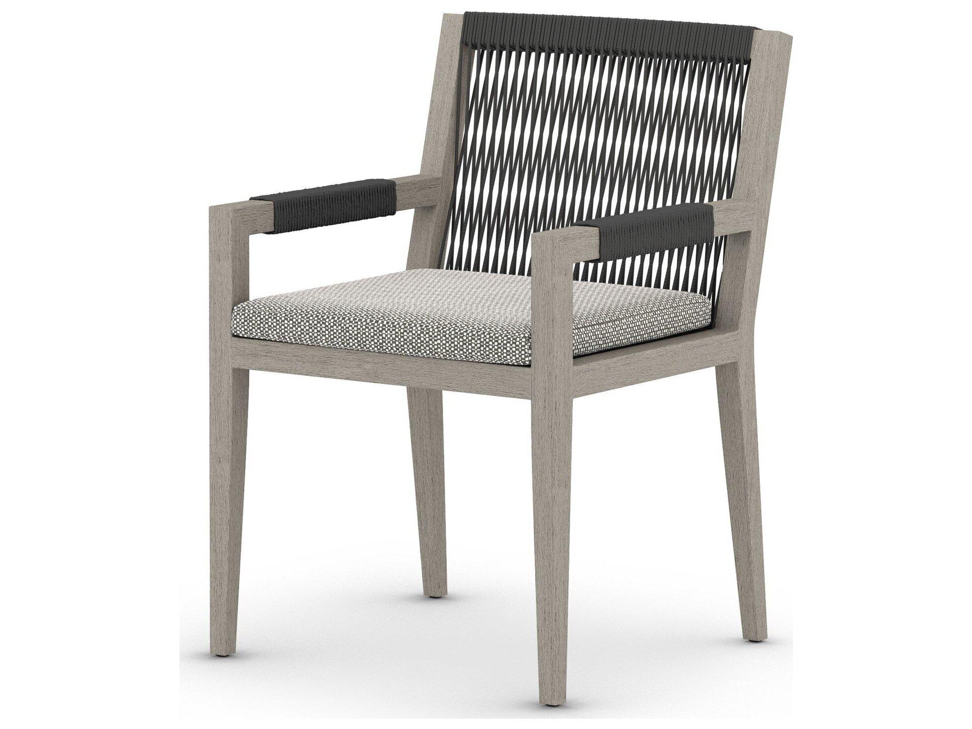 Four Hands Outdoor Solano Weathered Grey / Dark Grey Rope Resin Teak Dining Chair with Faye Ash Cushion