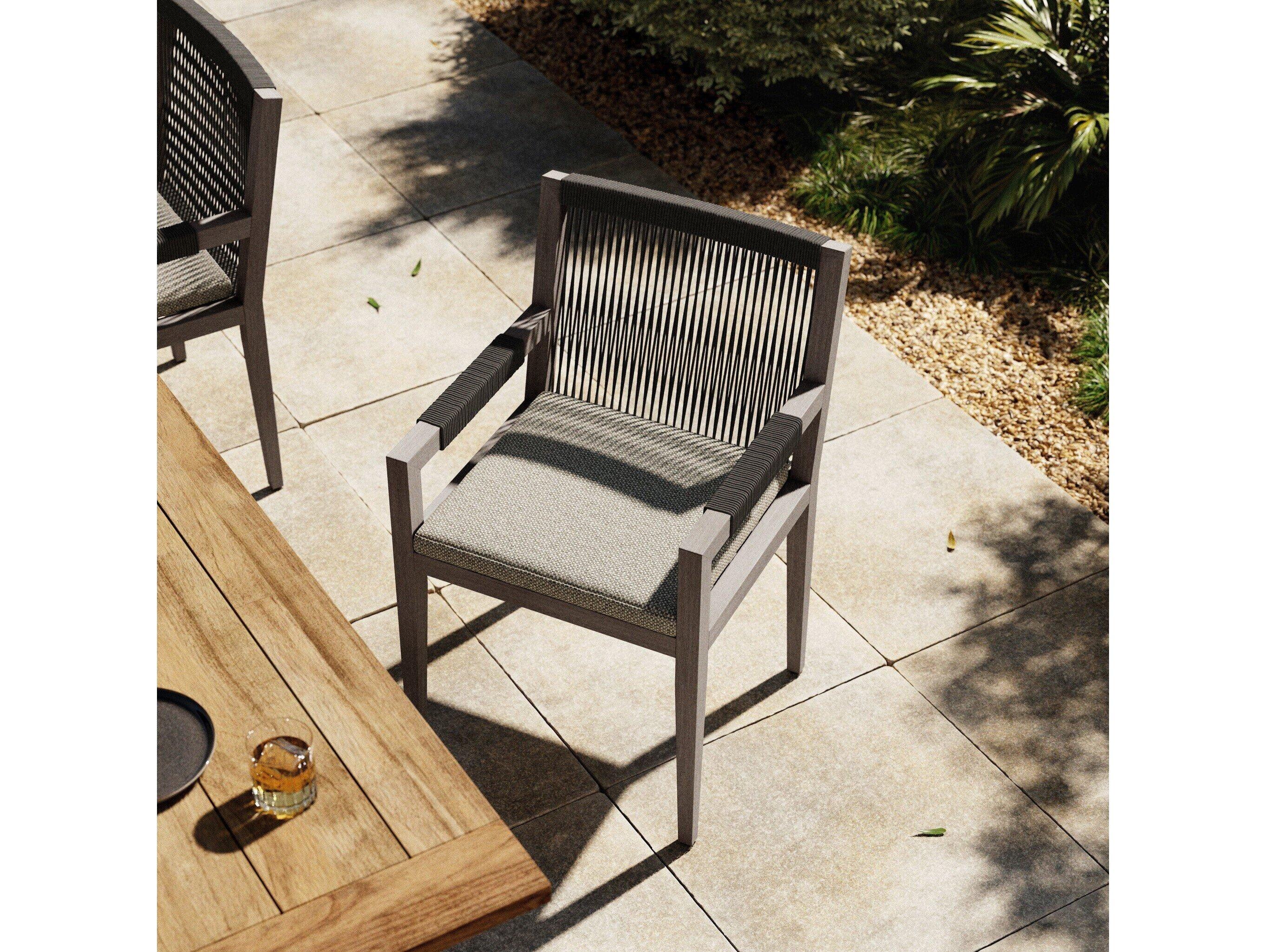 Four Hands Outdoor Solano Weathered Grey / Dark Grey Rope Resin Teak Dining Chair with Faye Ash Cushion