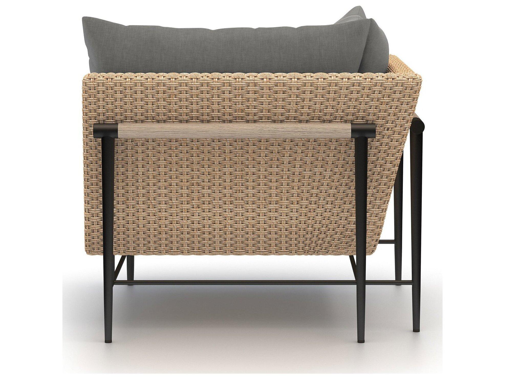 Four Hands Outdoor Solano Natural Hyacinth / Washed Brown Bronze Aluminum Resin Teak Corner Lounge Chair with Charcoal Cushion