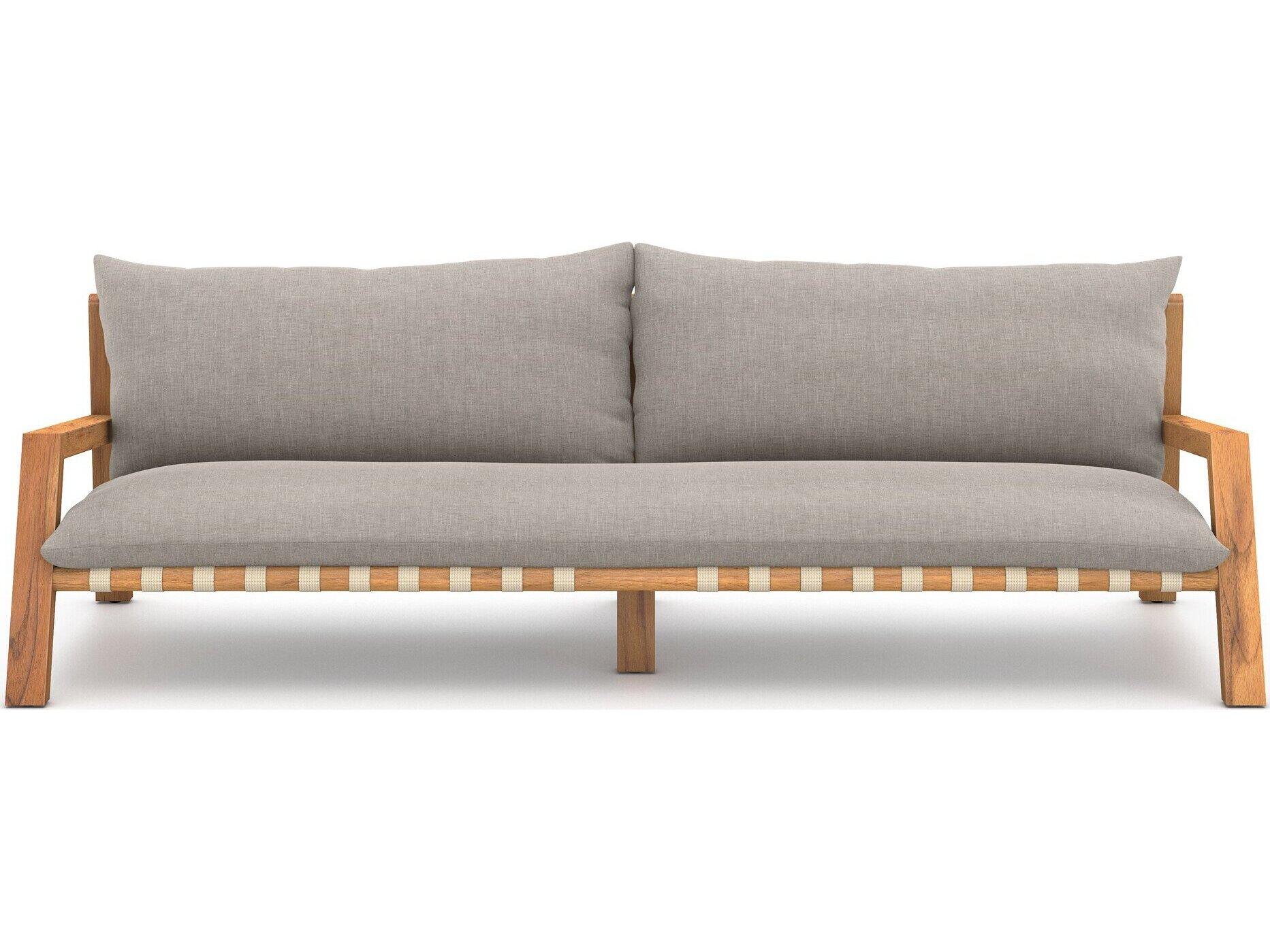 Four Hands Outdoor Solano Natural Teak / Ivory Strap Sofa with Stone Grey Cushion