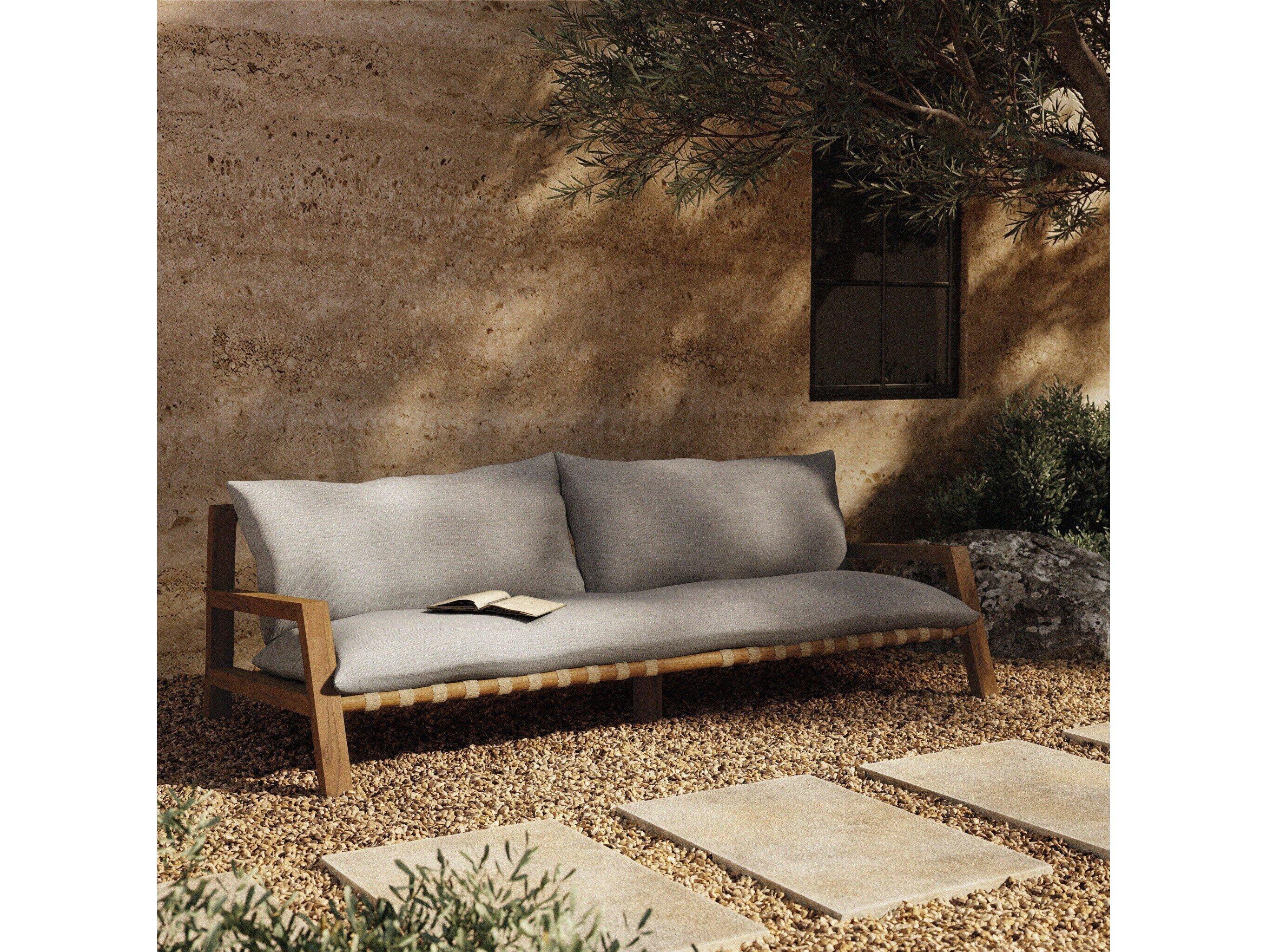 Four Hands Outdoor Solano Natural Teak / Ivory Strap Sofa with Stone Grey Cushion