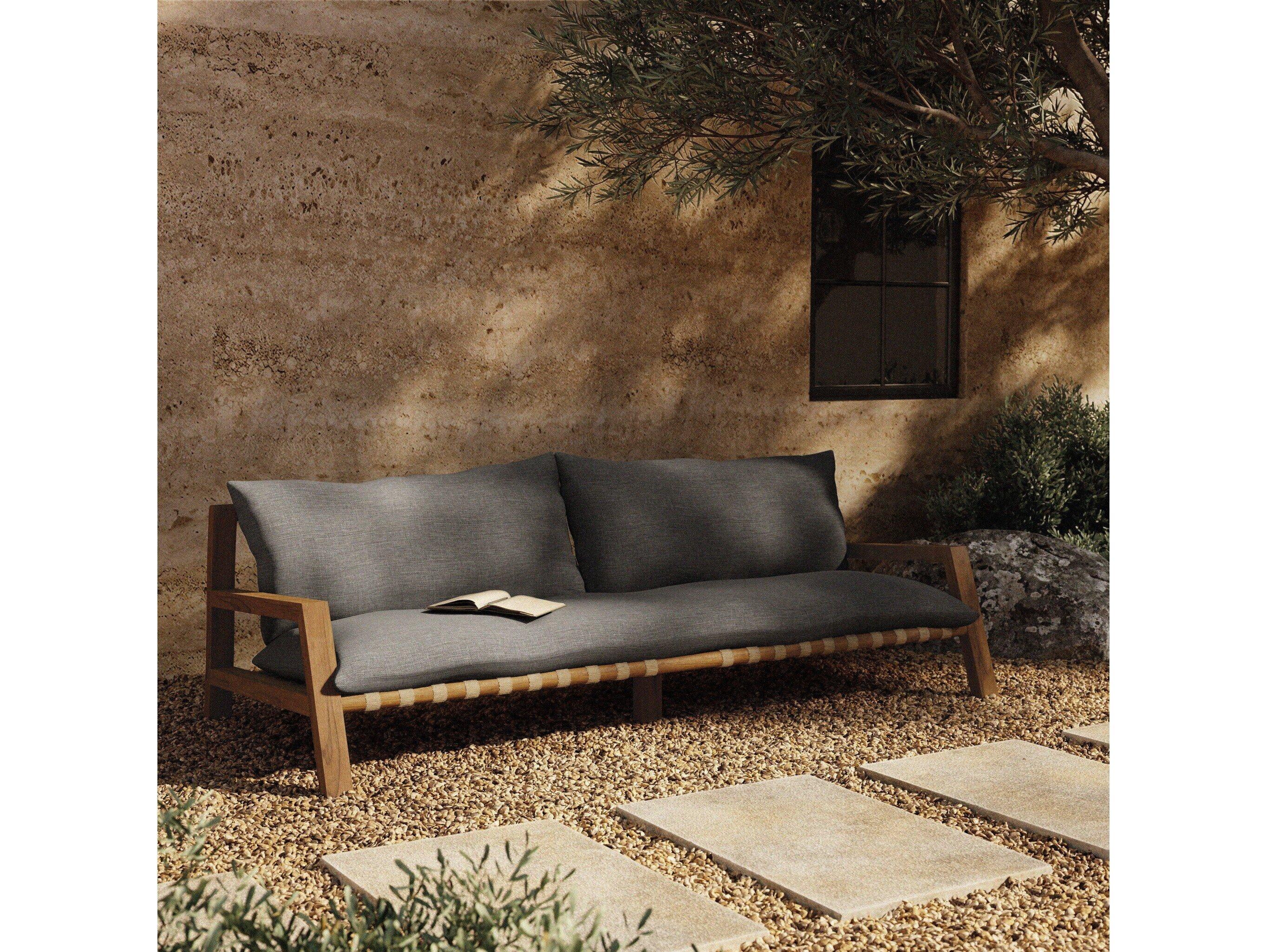 Four Hands Outdoor Solano Natural Teak / Ivory Strap Sofa with Charcoal Cushion